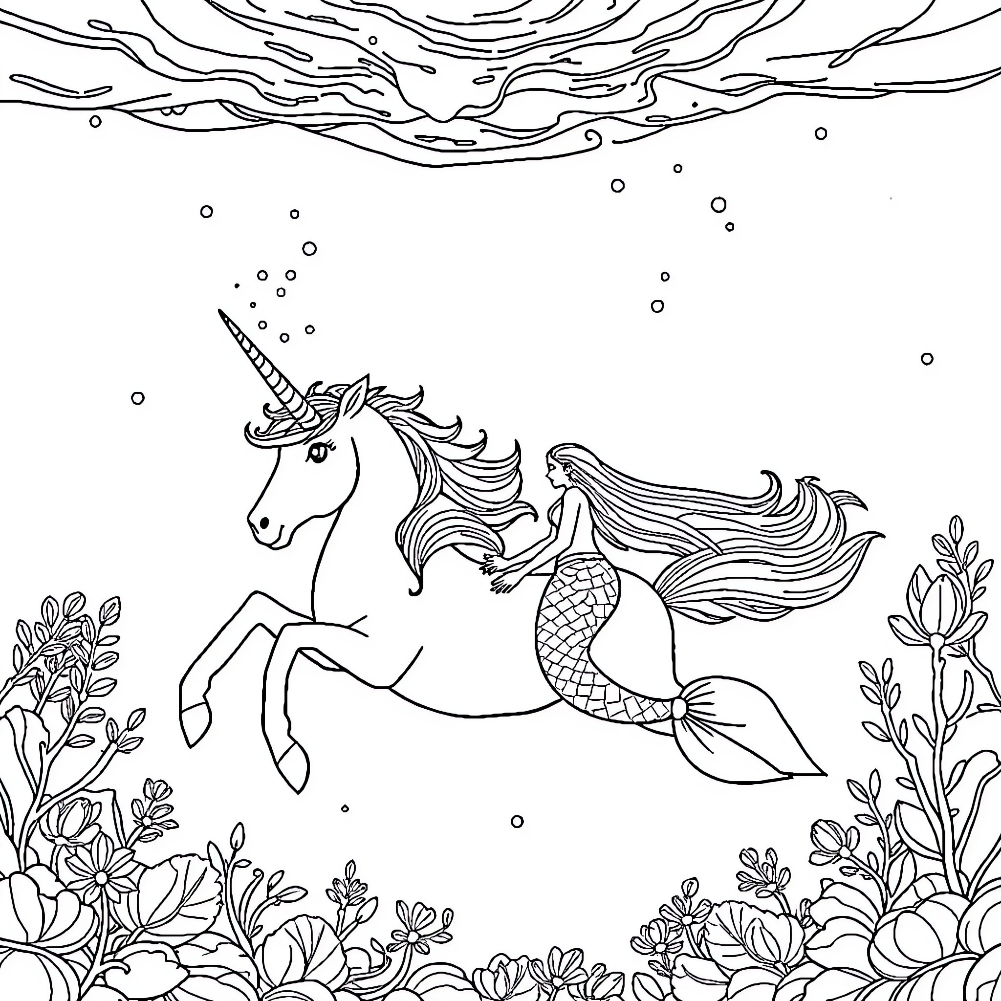 Unicorn Mermaid Swims Gracefully in Underwater Floral Landscape Coloring Page (free black-and-white line drawing printable PDF for all, from beginners to advanced learners, including children, teens, adults, and seniors)