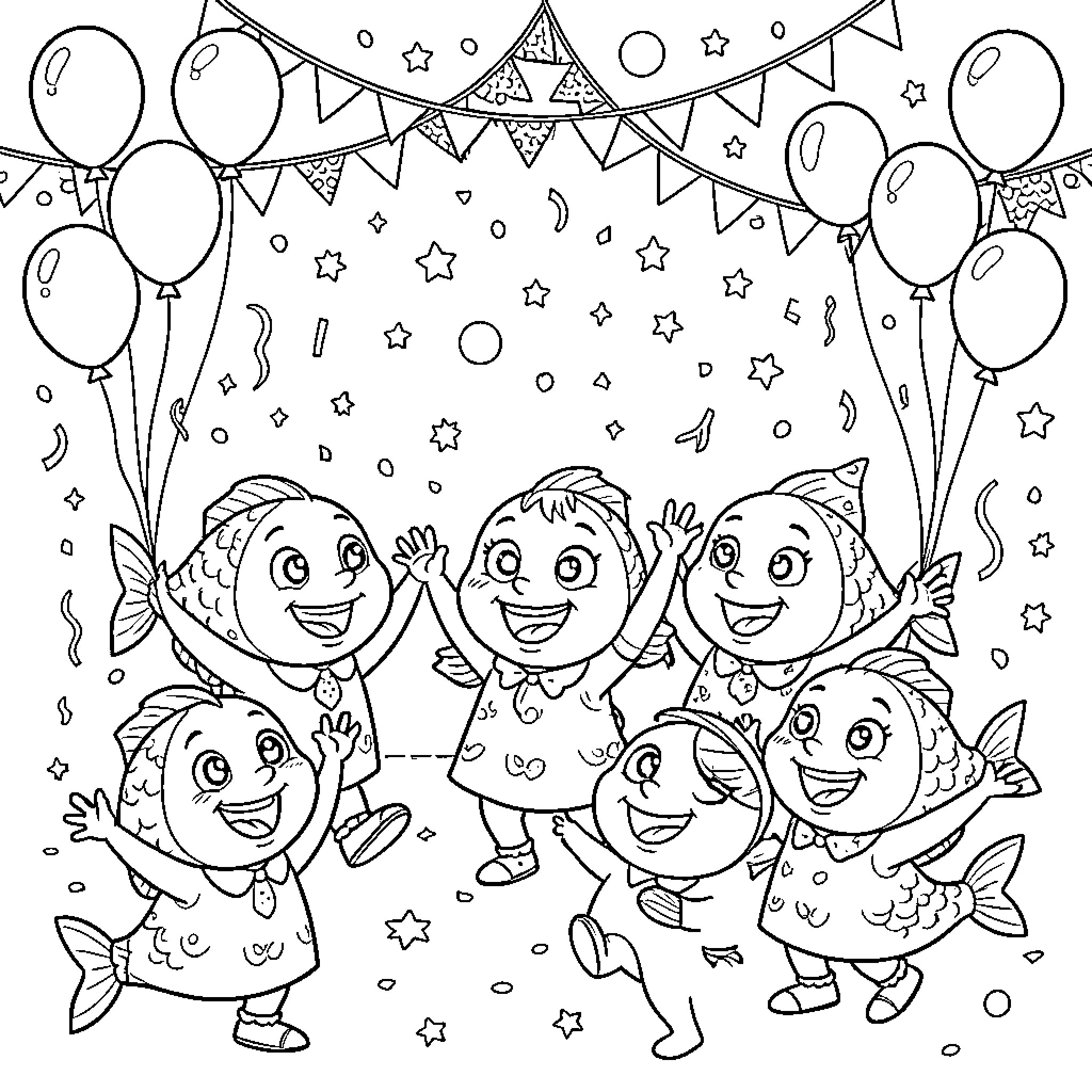 Poisson Celebration with Joyful Fish and Balloons Coloring Page (free black-and-white line drawing printable PDF for all, from beginners to advanced learners, including children, teens, adults, and seniors)