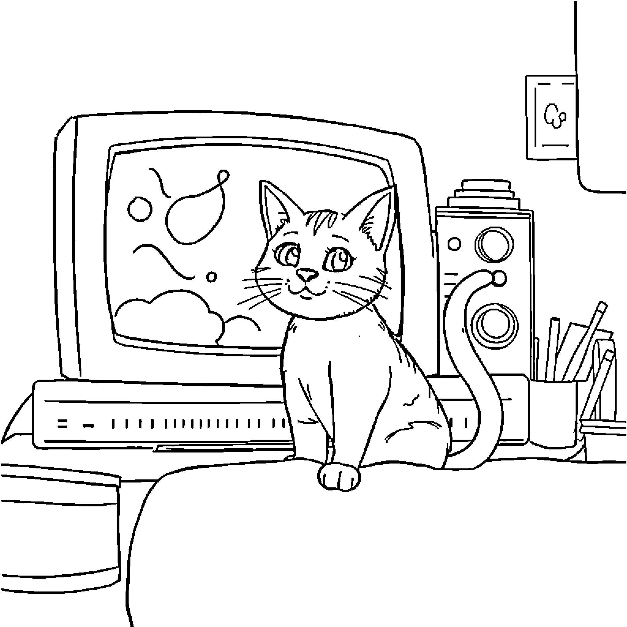 TV with Playful Cat in Retro Tech Room Coloring Page (free black-and-white line drawing printable PDF for all, from beginners to advanced learners, including children, teens, adults, and seniors)