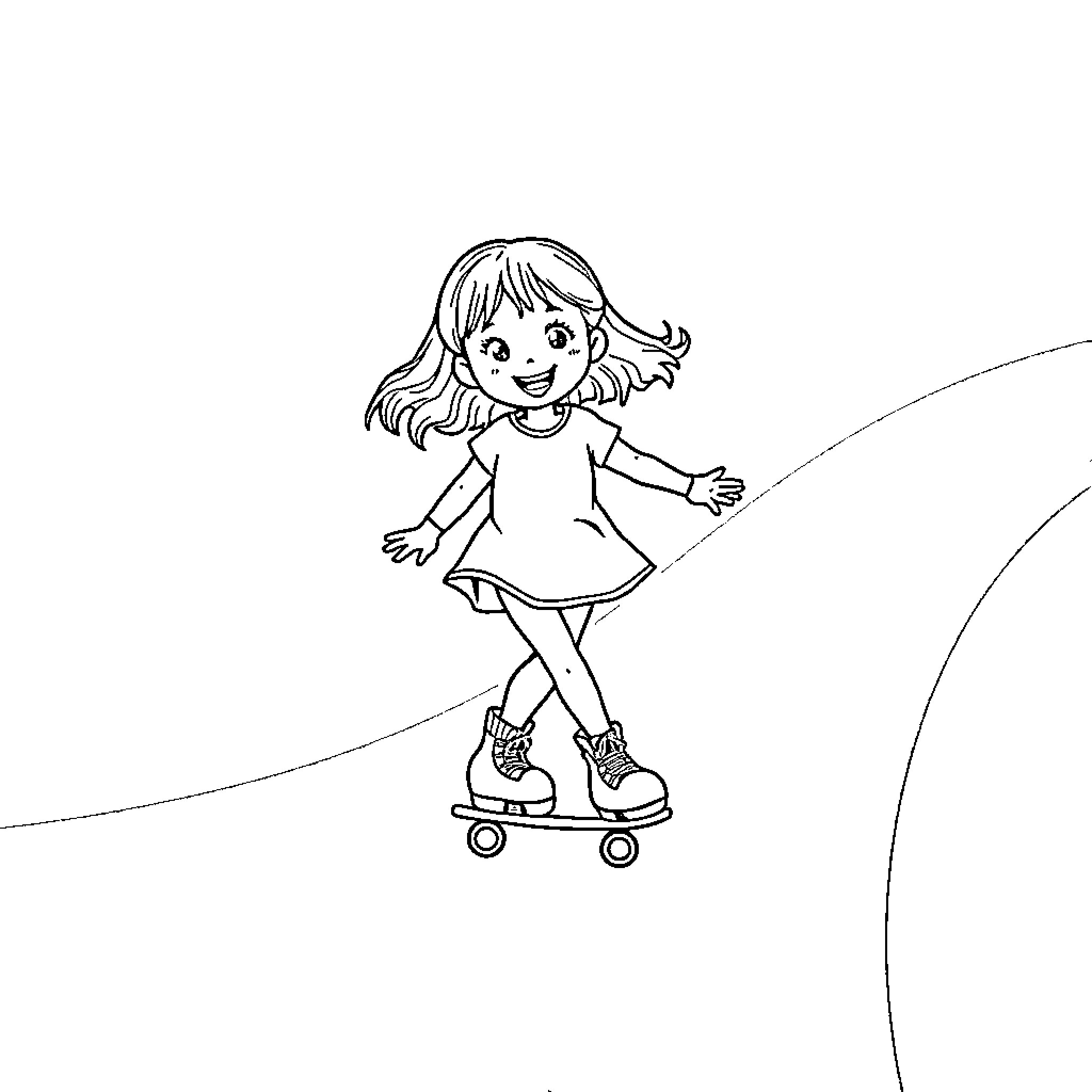 Girl happily riding on a skateboard Coloring Page (free black-and-white line drawing printable PDF for all, from beginners to advanced learners, including children, teens, adults, and seniors)