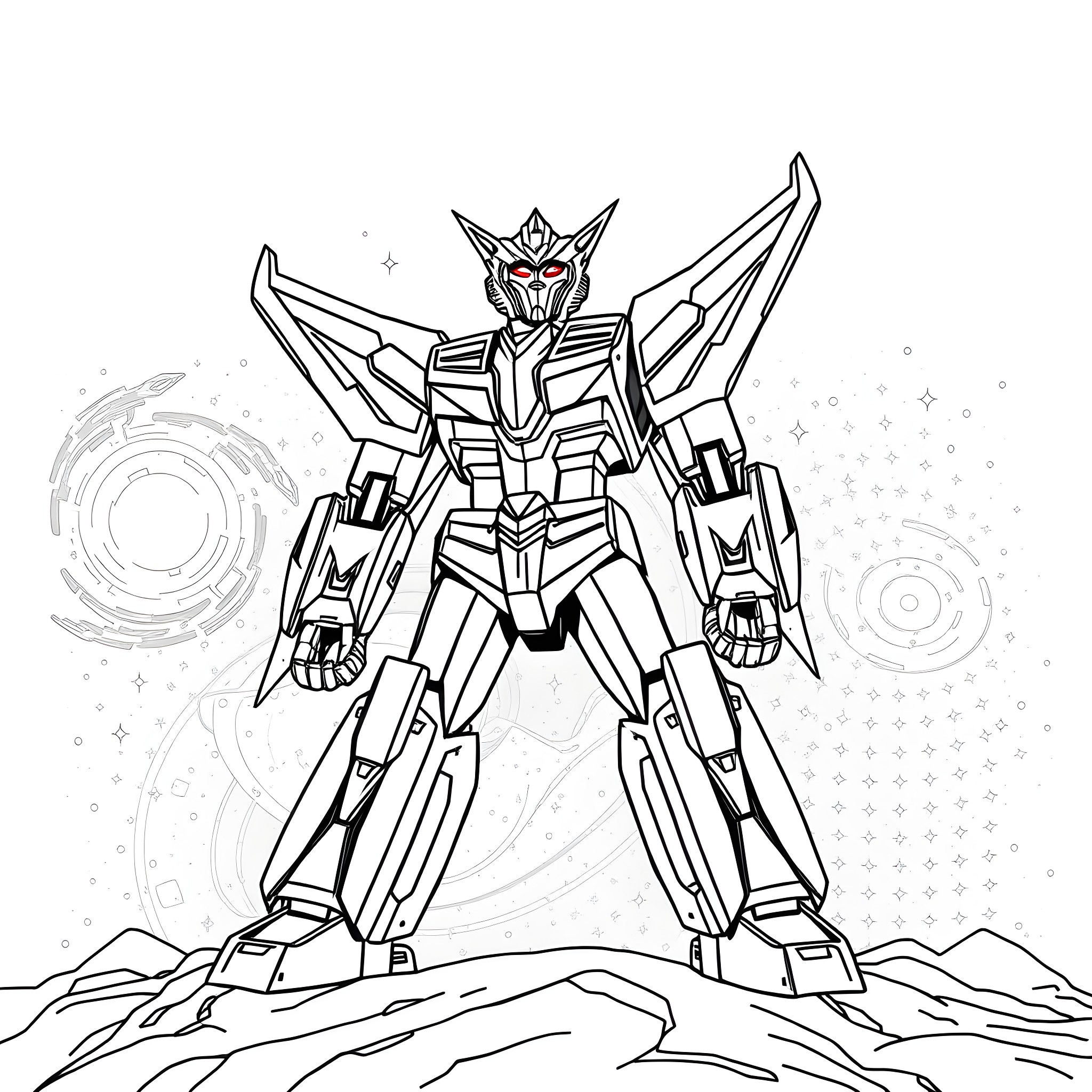 Voltron mecha warrior in heroic pose Coloring Page (free black-and-white line drawing printable PDF for all, from beginners to advanced learners, including children, teens, adults, and seniors)