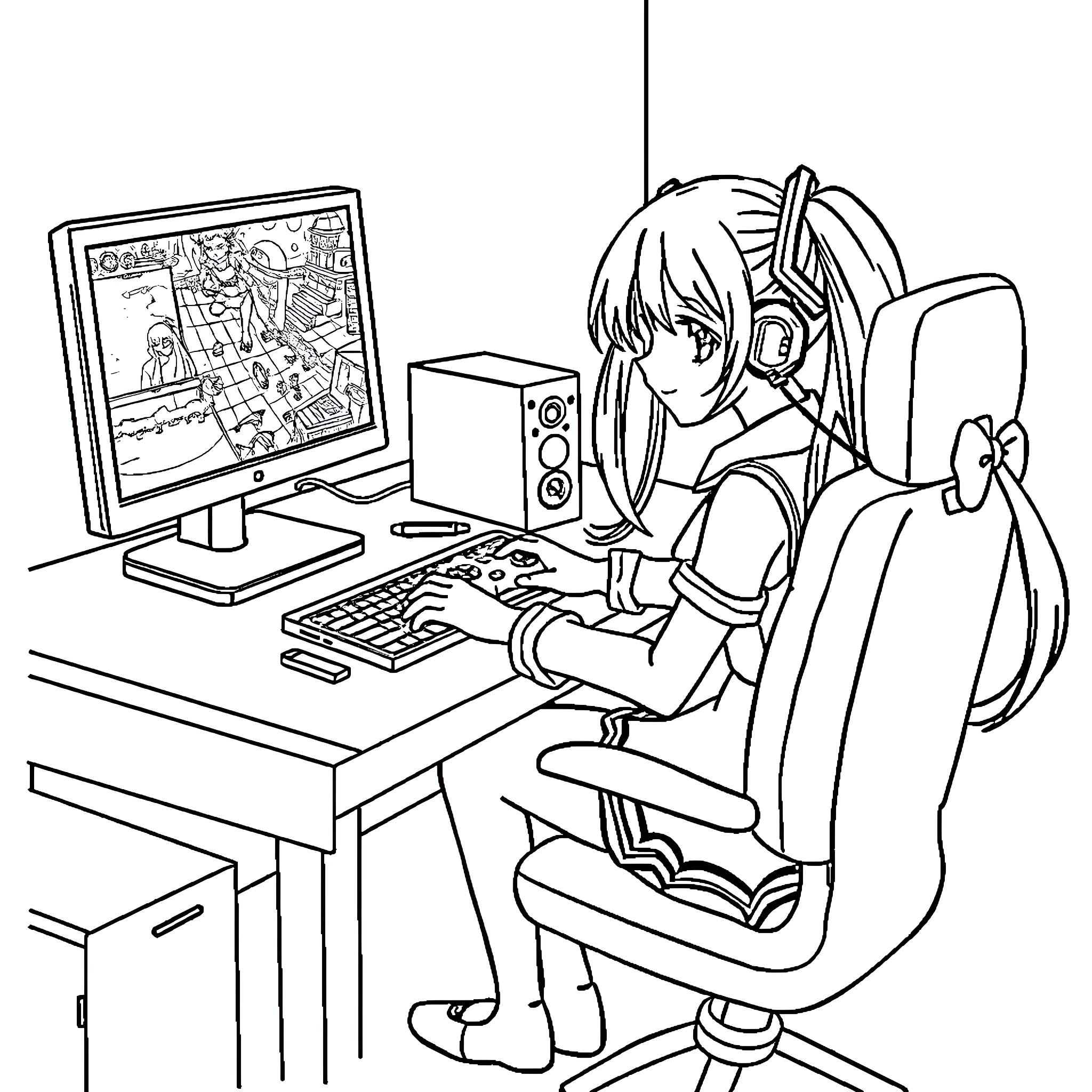 Hatsune Miku playing video games at a computer desk Coloring Page (free black-and-white line drawing printable PDF for all, from beginners to advanced learners, including children, teens, adults, and seniors)