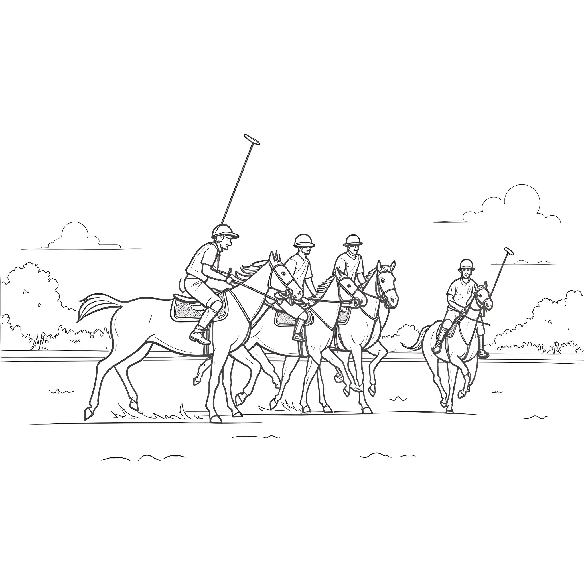 Polo players competing on the field Coloring Page (free black-and-white line drawing printable PDF for all, from beginners to advanced learners, including children, teens, adults, and seniors)