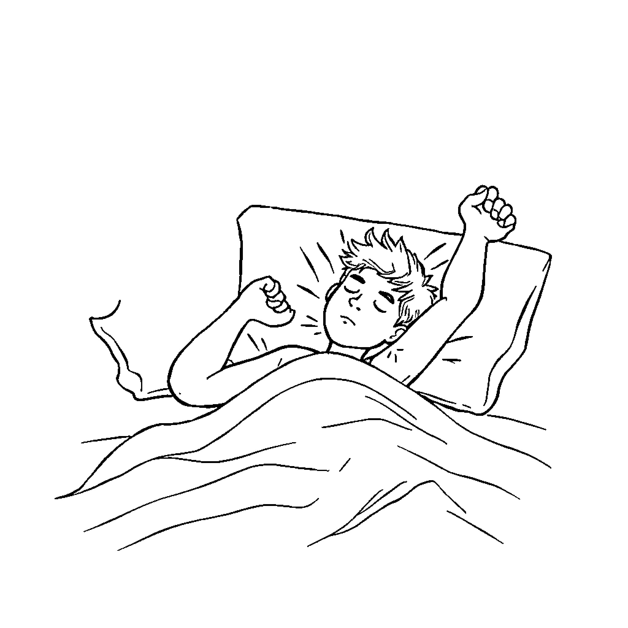 Person waking up with a stretch in bed Coloring Page (free black-and-white line drawing printable PDF for all, from beginners to advanced learners, including children, teens, adults, and seniors)