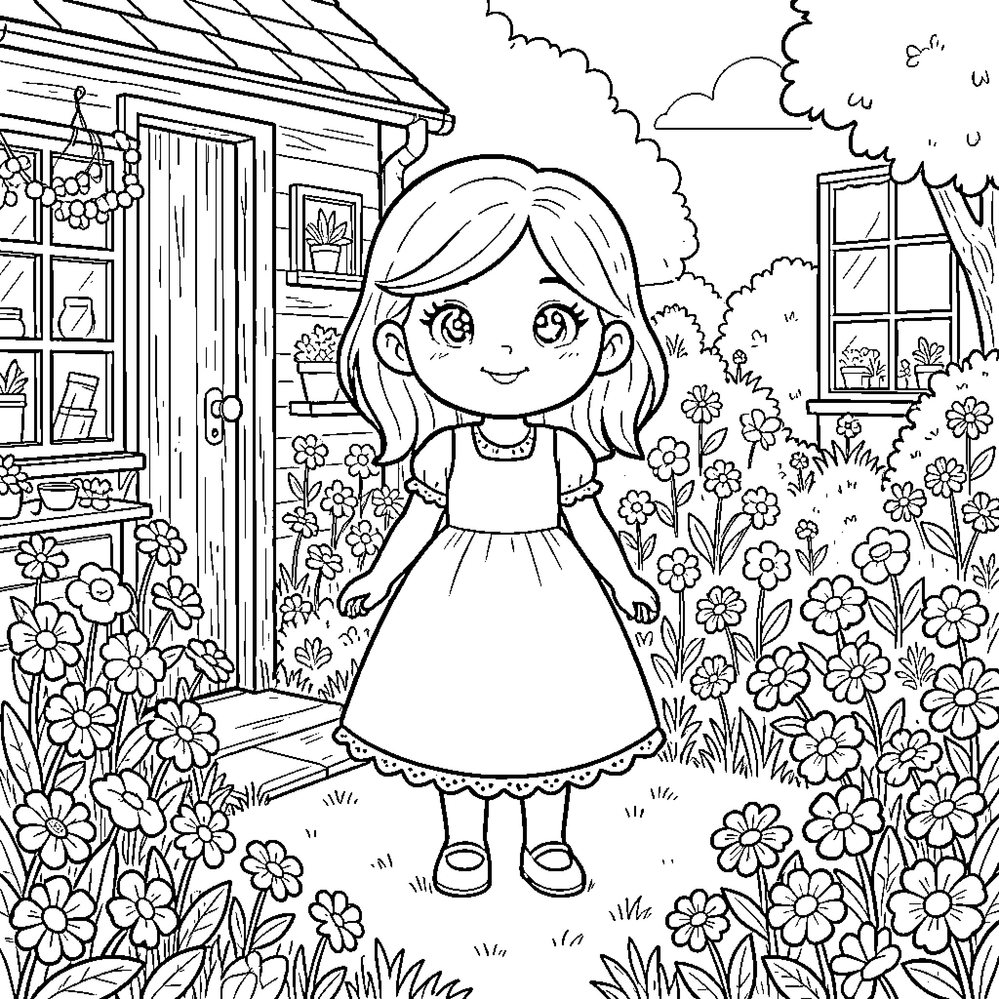 Rosita Fresita explores a delightful flower-filled cottage garden Coloring Page (free black-and-white line drawing printable PDF for all, from beginners to advanced learners, including children, teens, adults, and seniors)