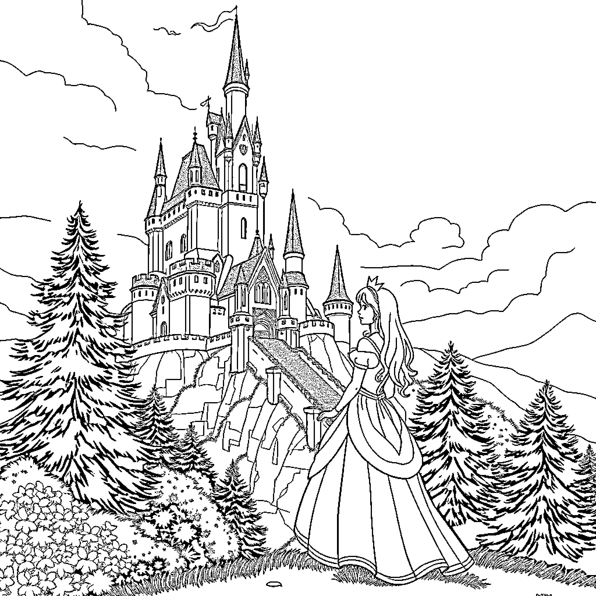 Princess Admiring the Majestic Castle Coloring Page (free black-and-white line drawing printable PDF for all, from beginners to advanced learners, including children, teens, adults, and seniors)