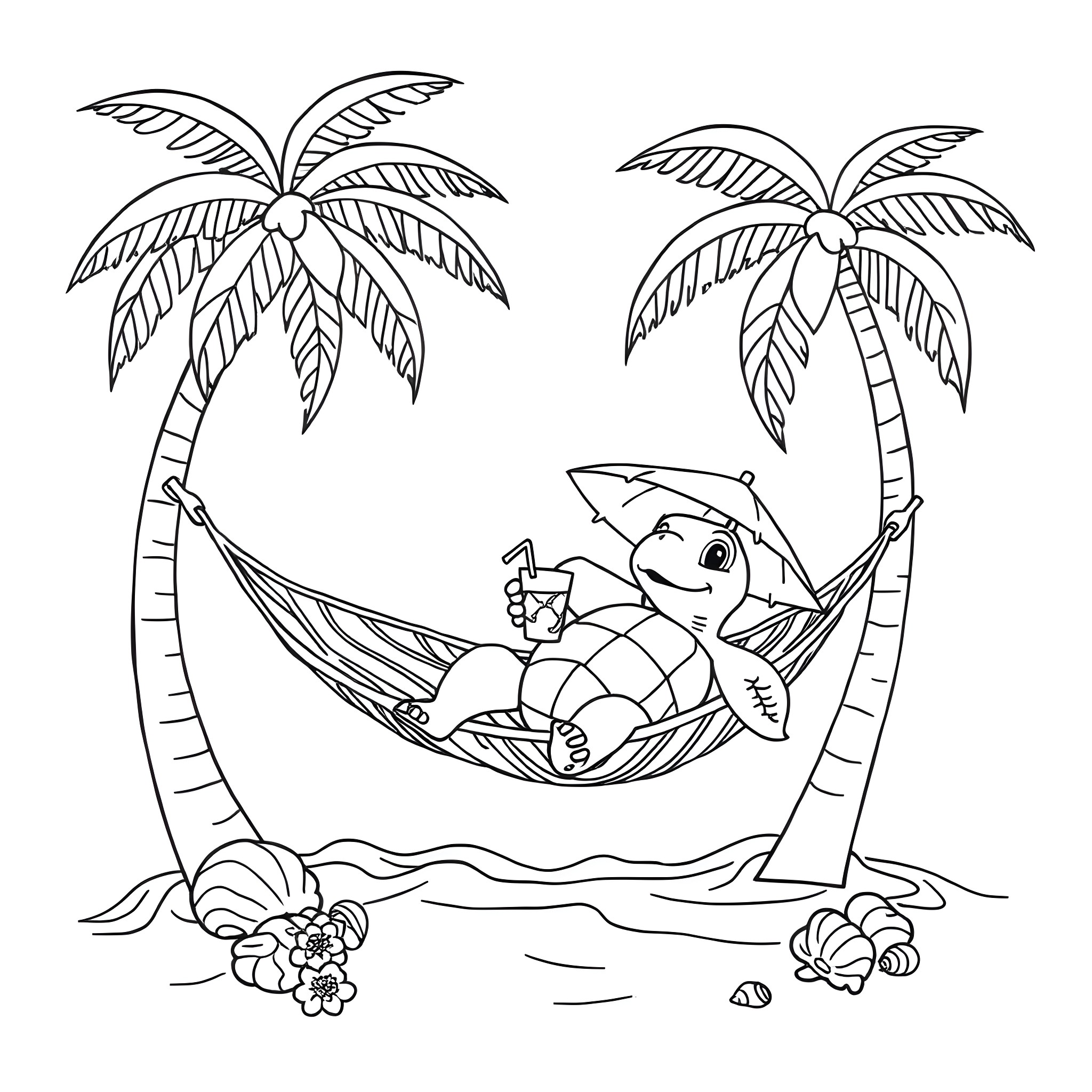 Turtle relaxing in a hammock on a tropical island Coloring Page (free black-and-white line drawing printable PDF for all, from beginners to advanced learners, including children, teens, adults, and seniors)