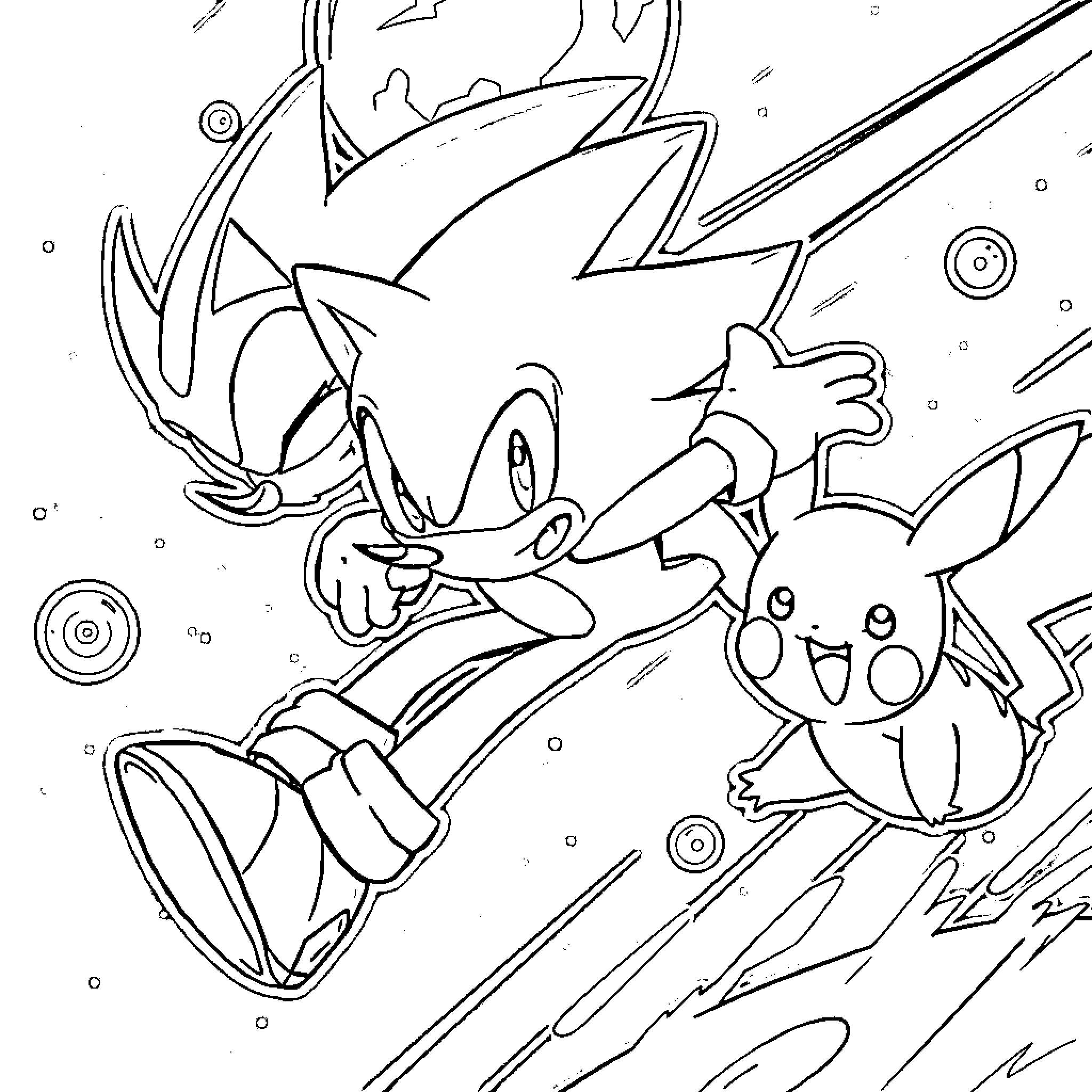 Sonic the Hedgehog racing with Pikachu in an action scene Coloring Page (free black-and-white line drawing printable PDF for all, from beginners to advanced learners, including children, teens, adults, and seniors)