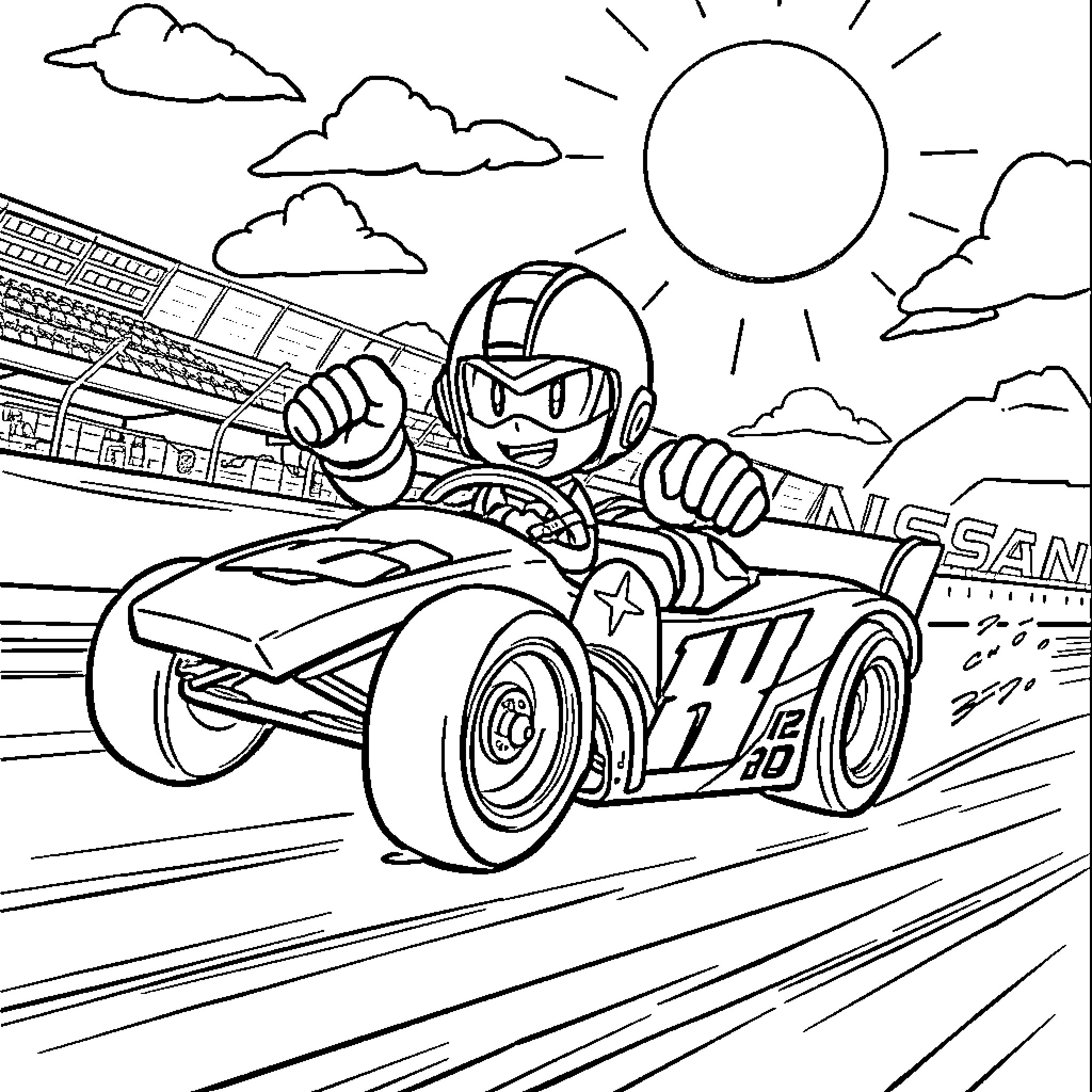 Mega Man Racing Speedily in Futuristic Car Coloring Page (free black-and-white line drawing printable PDF for all, from beginners to advanced learners, including children, teens, adults, and seniors)