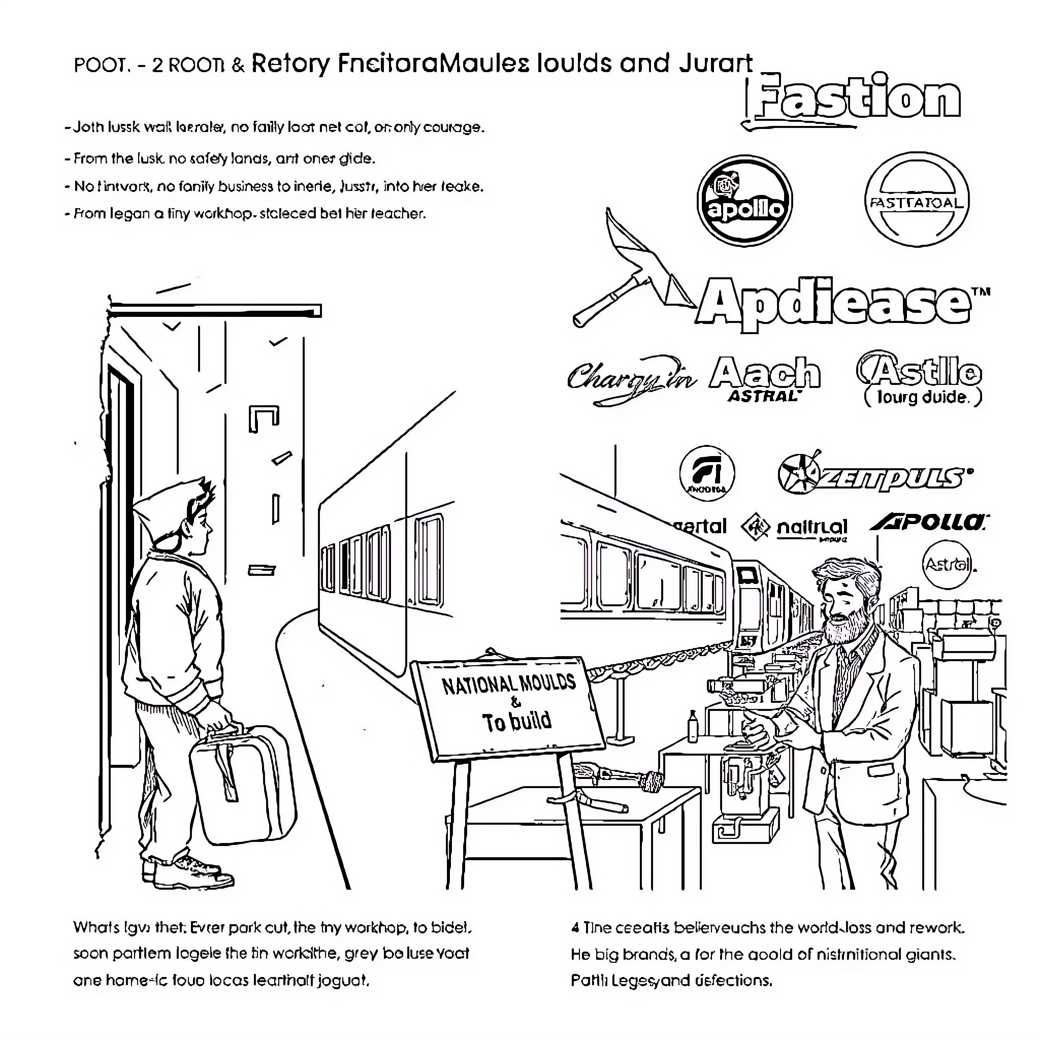 National Moulds: People at work in various roles and outfits Coloring Page (free black-and-white line drawing printable PDF for all, from beginners to advanced learners, including children, teens, adults, and seniors)