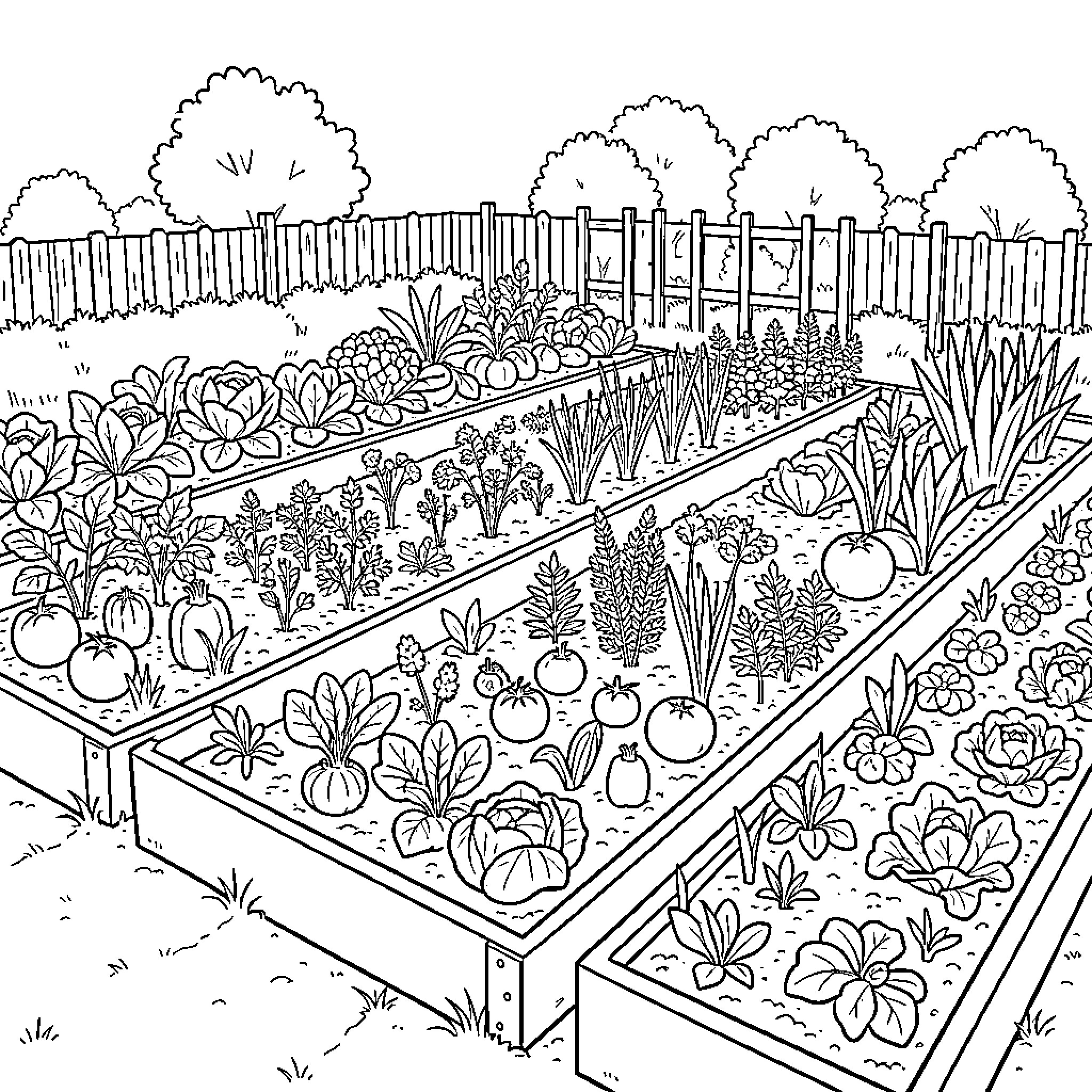 Potager garden beds filled with various vegetables and plants Coloring Page (free black-and-white line drawing printable PDF for all, from beginners to advanced learners, including children, teens, adults, and seniors)