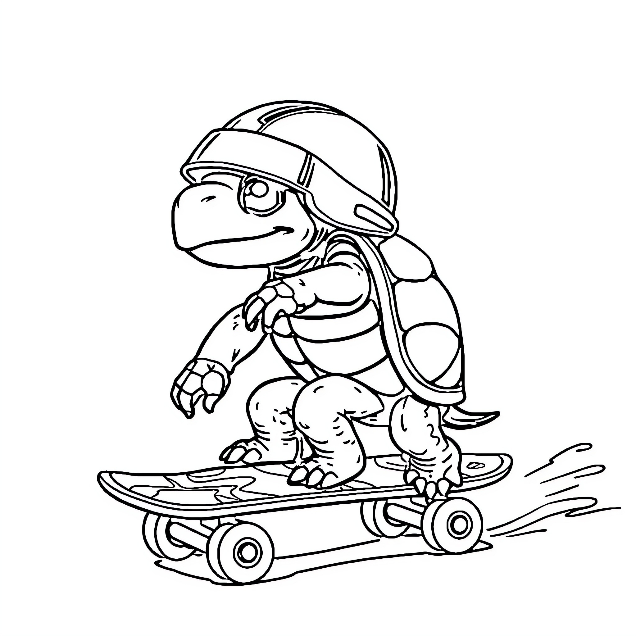 Turtle riding skateboard with gear Coloring Page (free black-and-white line drawing printable PDF for all, from beginners to advanced learners, including children, teens, adults, and seniors)