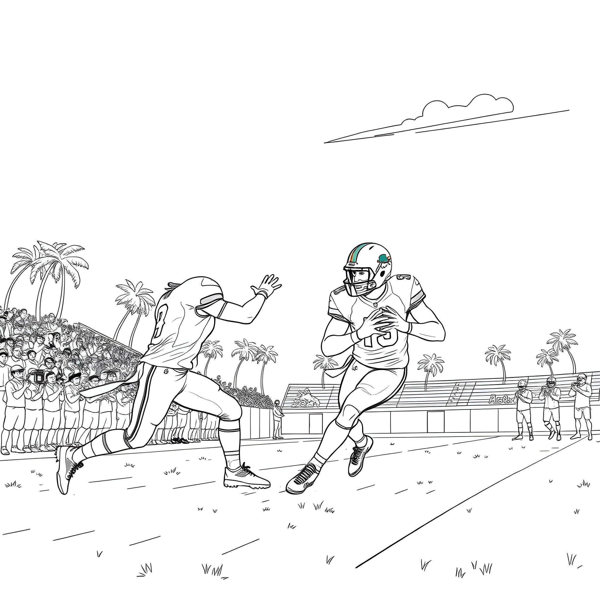 Dolphin American football players in action on field Coloring Page (free black-and-white line drawing printable PDF for all, from beginners to advanced learners, including children, teens, adults, and seniors)