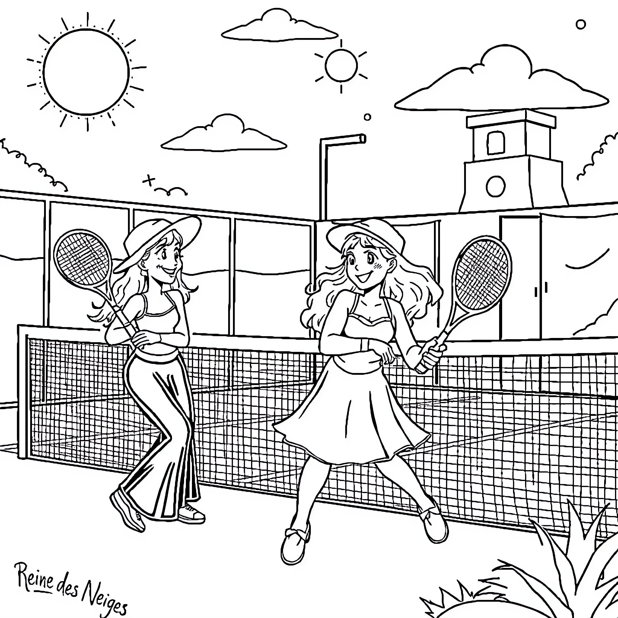 Queen playing tennis with smiling friend Coloring Page (free black-and-white line drawing printable PDF for all, from beginners to advanced learners, including children, teens, adults, and seniors)