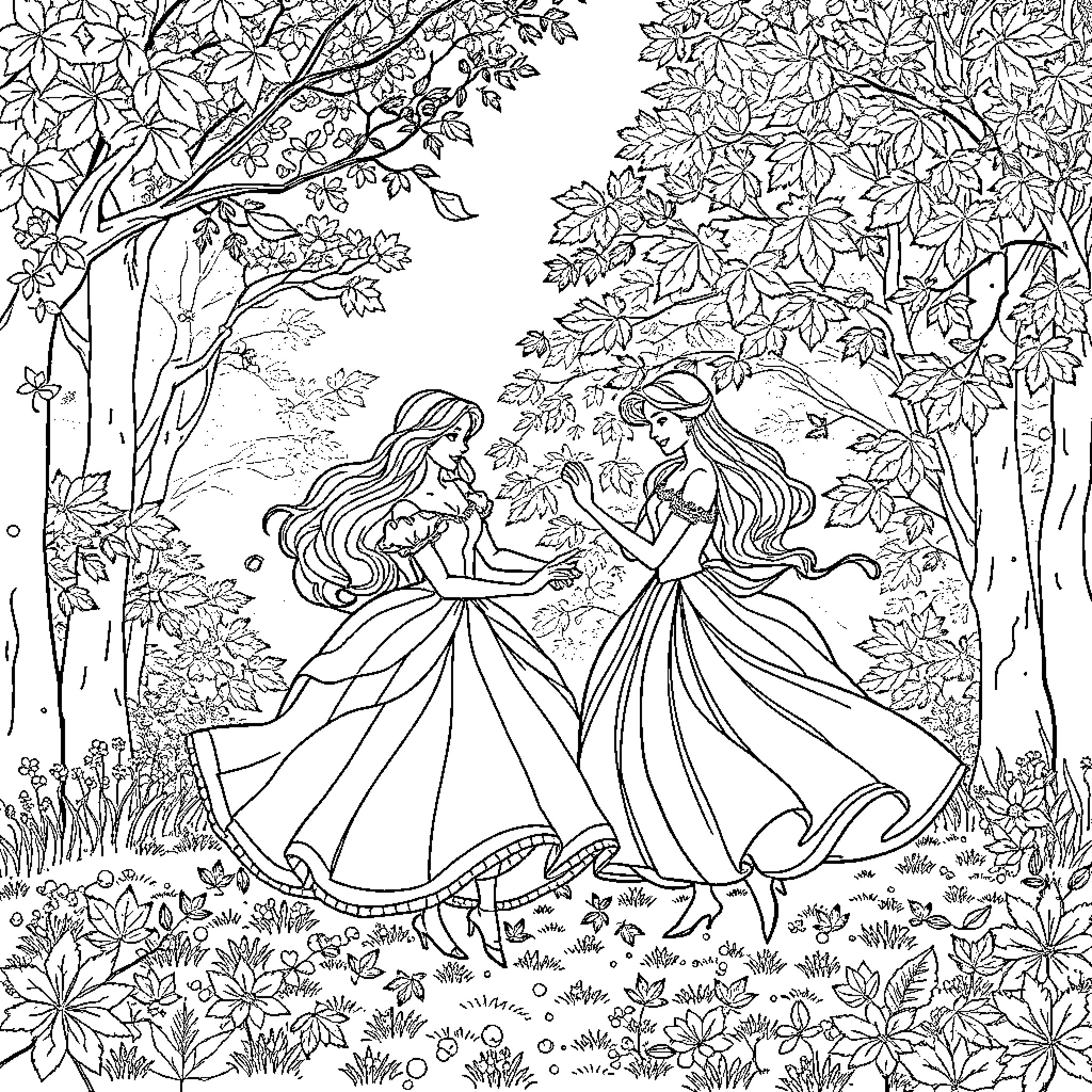 Princess Fairy Sisters Embrace in Enchanted Forest Coloring Page (free black-and-white line drawing printable PDF for all, from beginners to advanced learners, including children, teens, adults, and seniors)