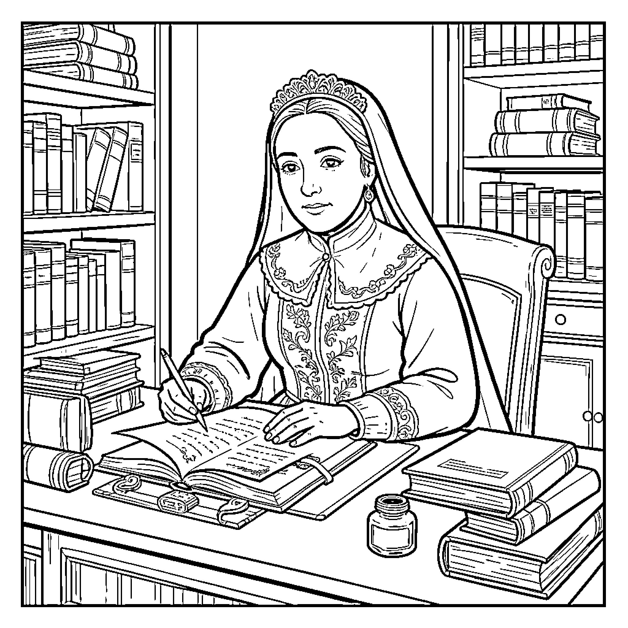 Sor Juana Inés de la Cruz writing in her study Coloring Page (free black-and-white line drawing printable PDF for all, from beginners to advanced learners, including children, teens, adults, and seniors)