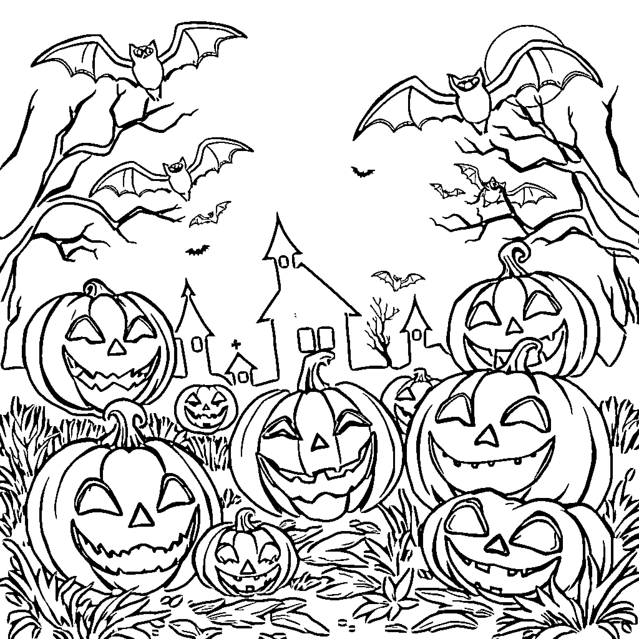 Halloween pumpkins, bats, and haunted houses Coloring Page (free black-and-white line drawing printable PDF for all, from beginners to advanced learners, including children, teens, adults, and seniors)