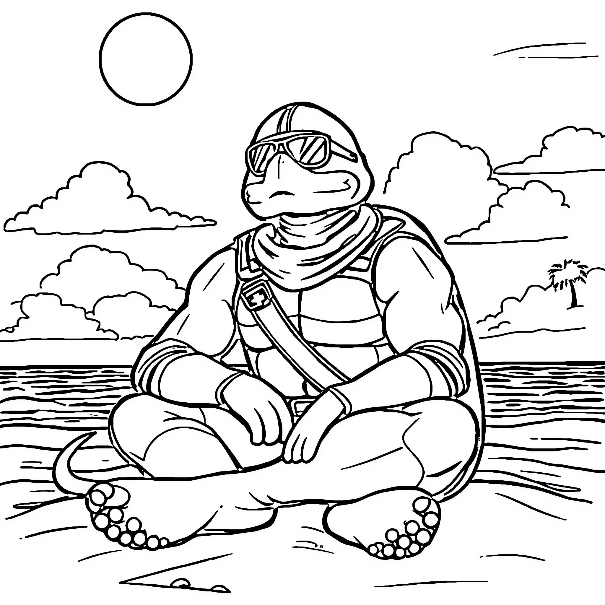Cobra Commander relaxing on the beach Coloring Page (free black-and-white line drawing printable PDF for all, from beginners to advanced learners, including children, teens, adults, and seniors)