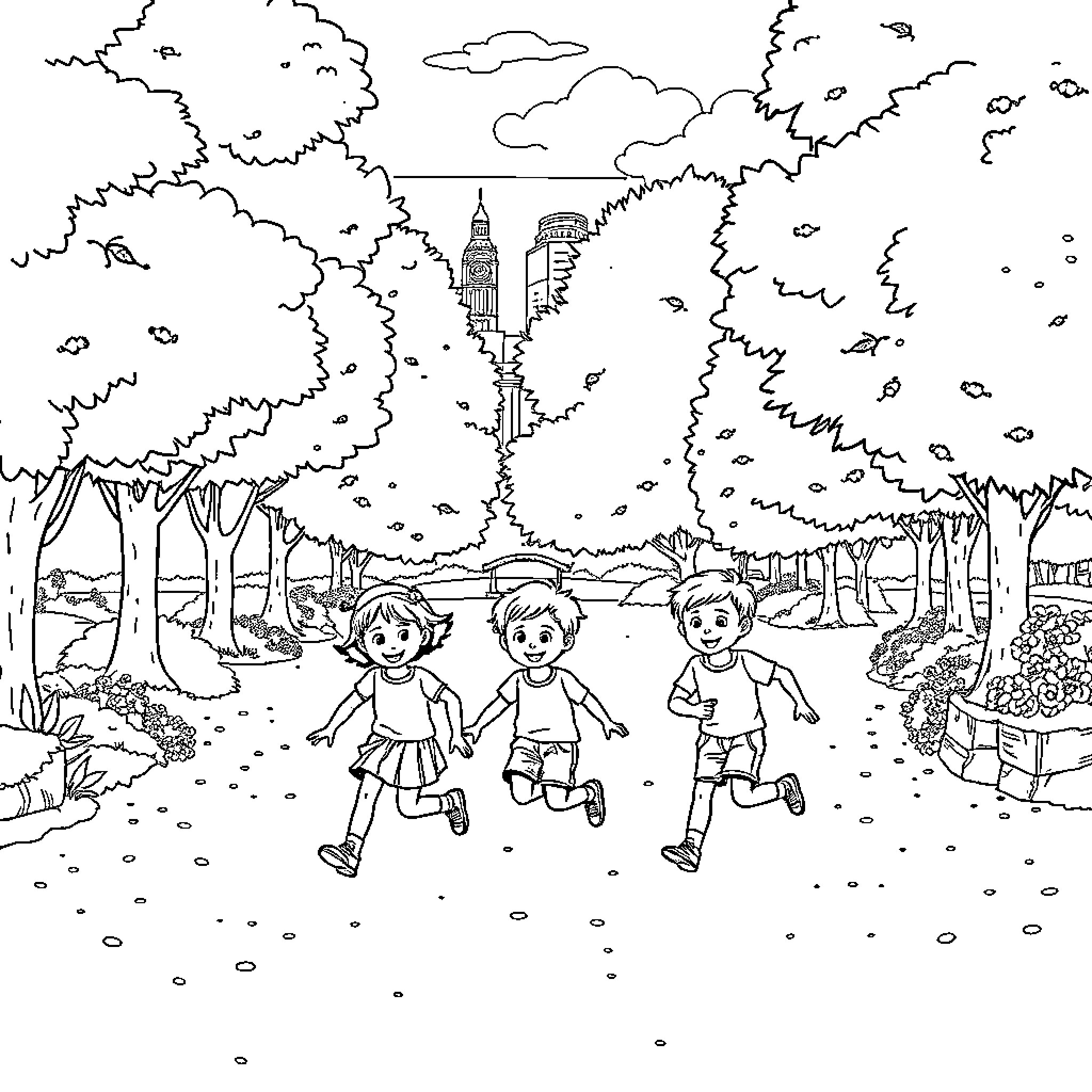 Children playing joyfully in the park Coloring Page (free black-and-white line drawing printable PDF for all, from beginners to advanced learners, including children, teens, adults, and seniors)