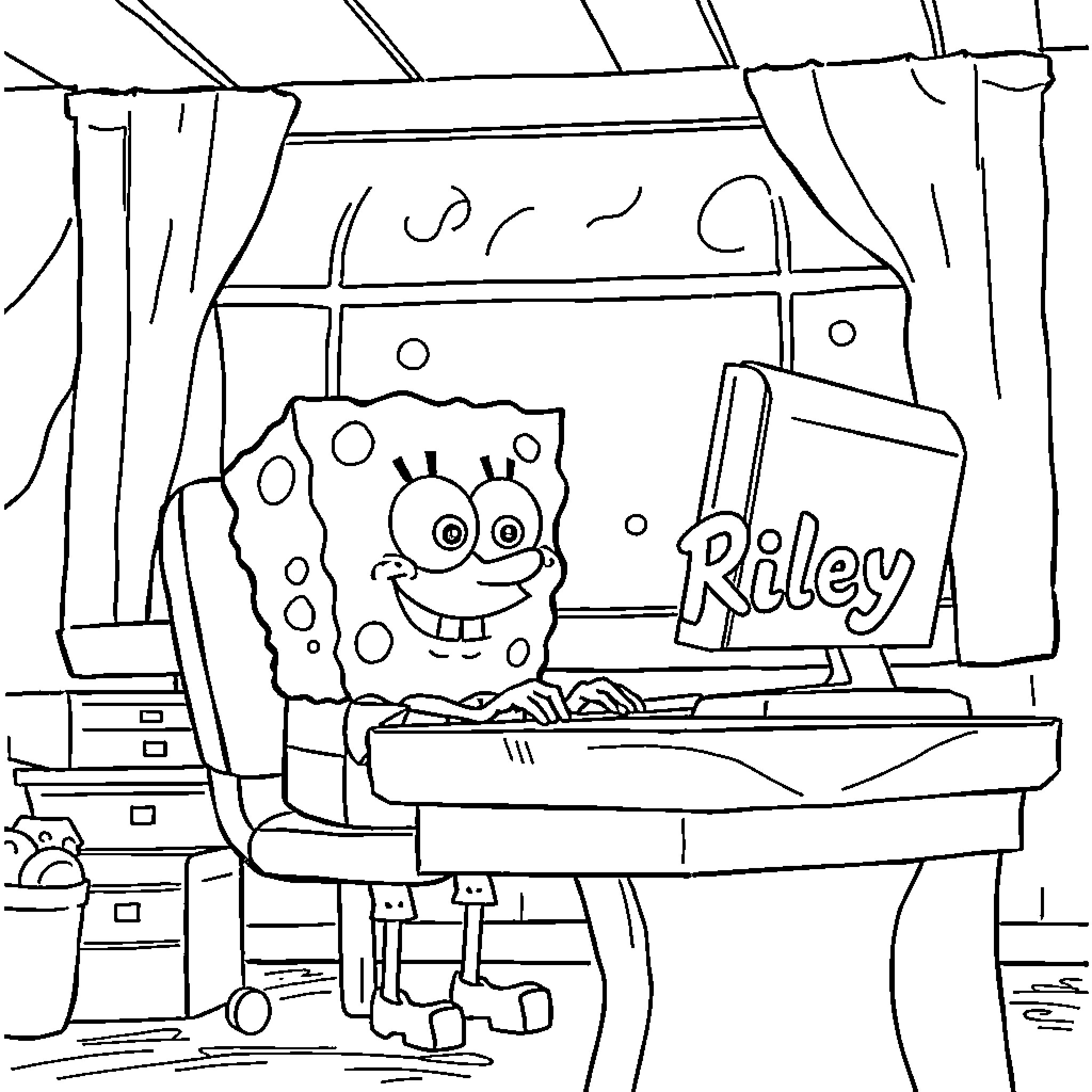 Spongebob's Wacky Desk Setup Coloring Page (free black-and-white line drawing printable PDF for all, from beginners to advanced learners, including children, teens, adults, and seniors)