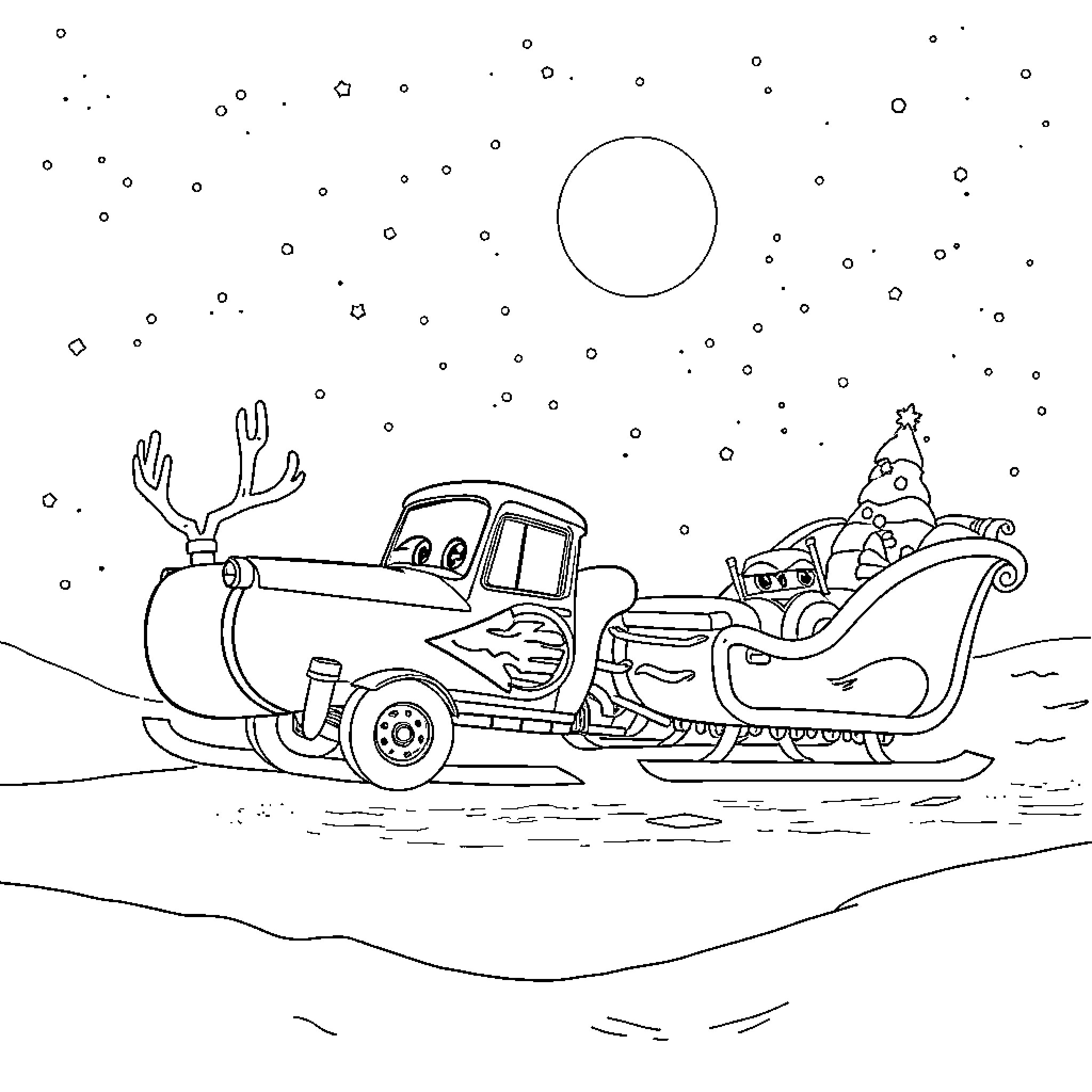 Lightening McQueen's winter sleigh ride Coloring Page (free black-and-white line drawing printable PDF for all, from beginners to advanced learners, including children, teens, adults, and seniors)