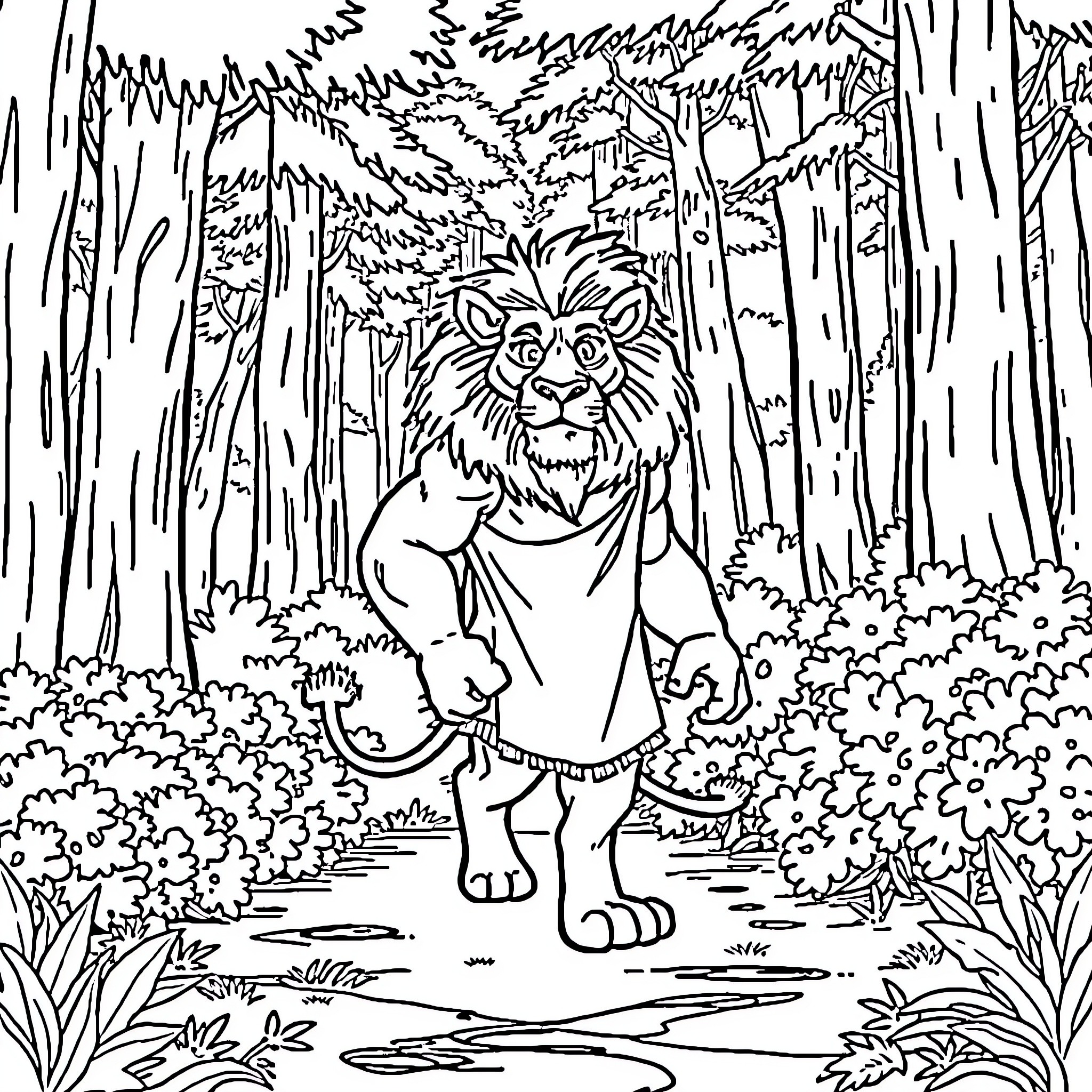 Lion exploring the magical forest Coloring Page (free black-and-white line drawing printable PDF for all, from beginners to advanced learners, including children, teens, adults, and seniors)