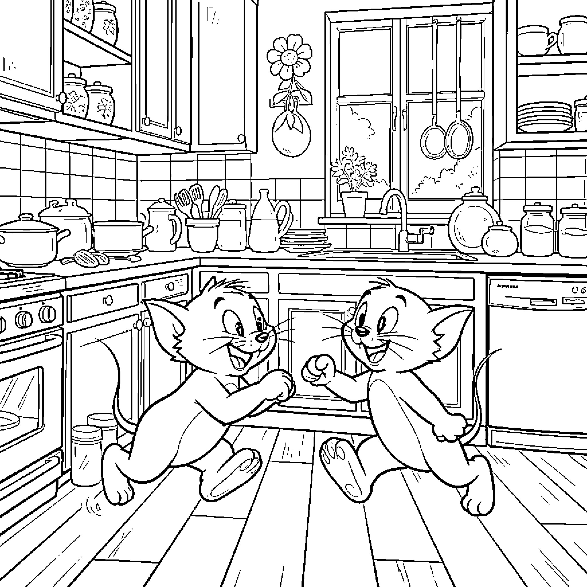 Tom and Jerry's Mischievous Antics in the Kitchen Coloring Page (free black-and-white line drawing printable PDF for all, from beginners to advanced learners, including children, teens, adults, and seniors)