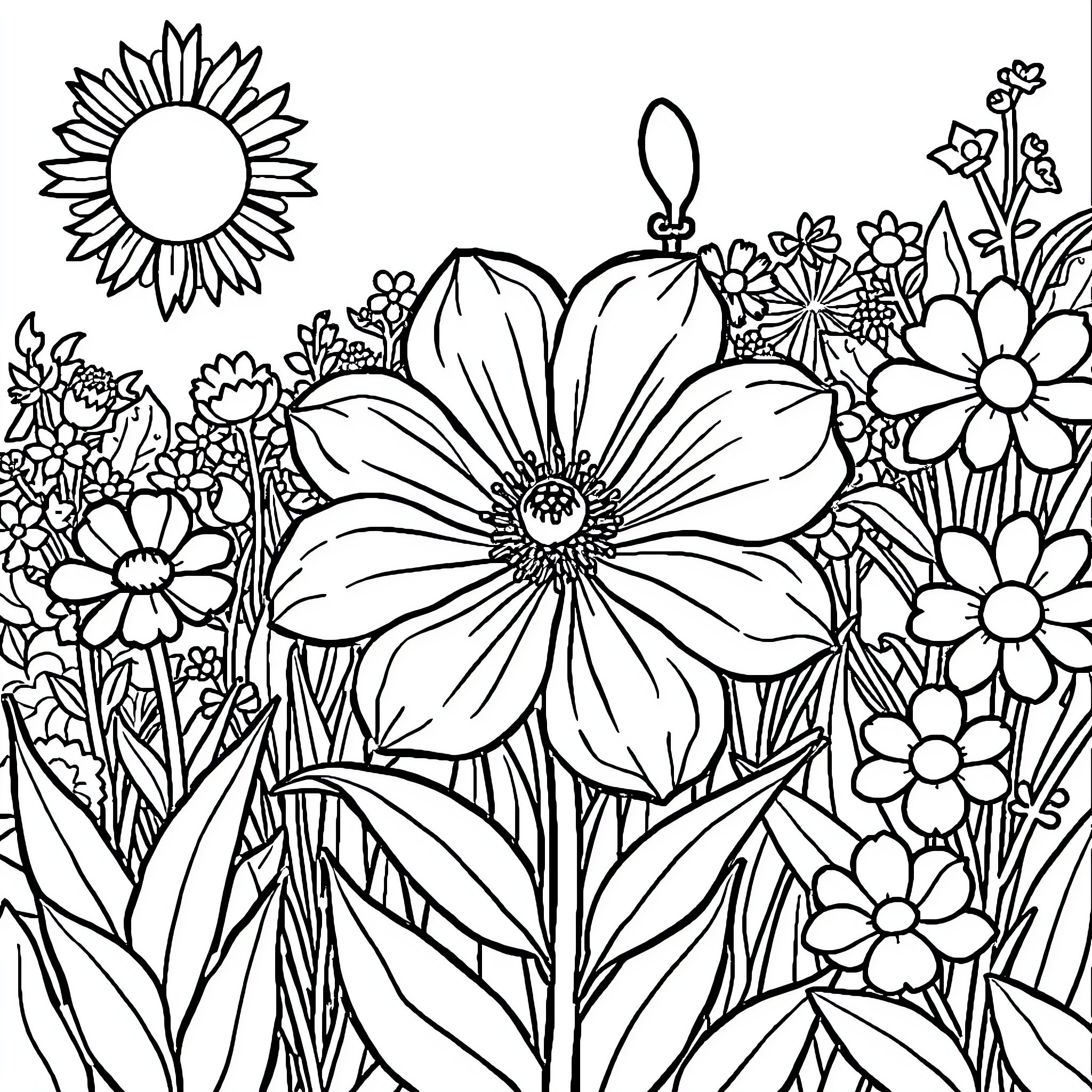 Flower Garden with Vibrant Blooms Coloring Page (free black-and-white line drawing printable PDF for all, from beginners to advanced learners, including children, teens, adults, and seniors)