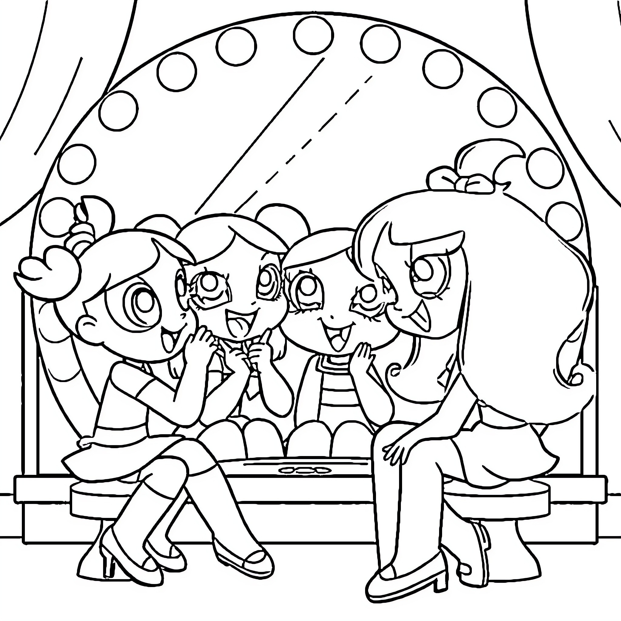 Powerpuff Girls enjoying a performance on stage Coloring Page (free black-and-white line drawing printable PDF for all, from beginners to advanced learners, including children, teens, adults, and seniors)