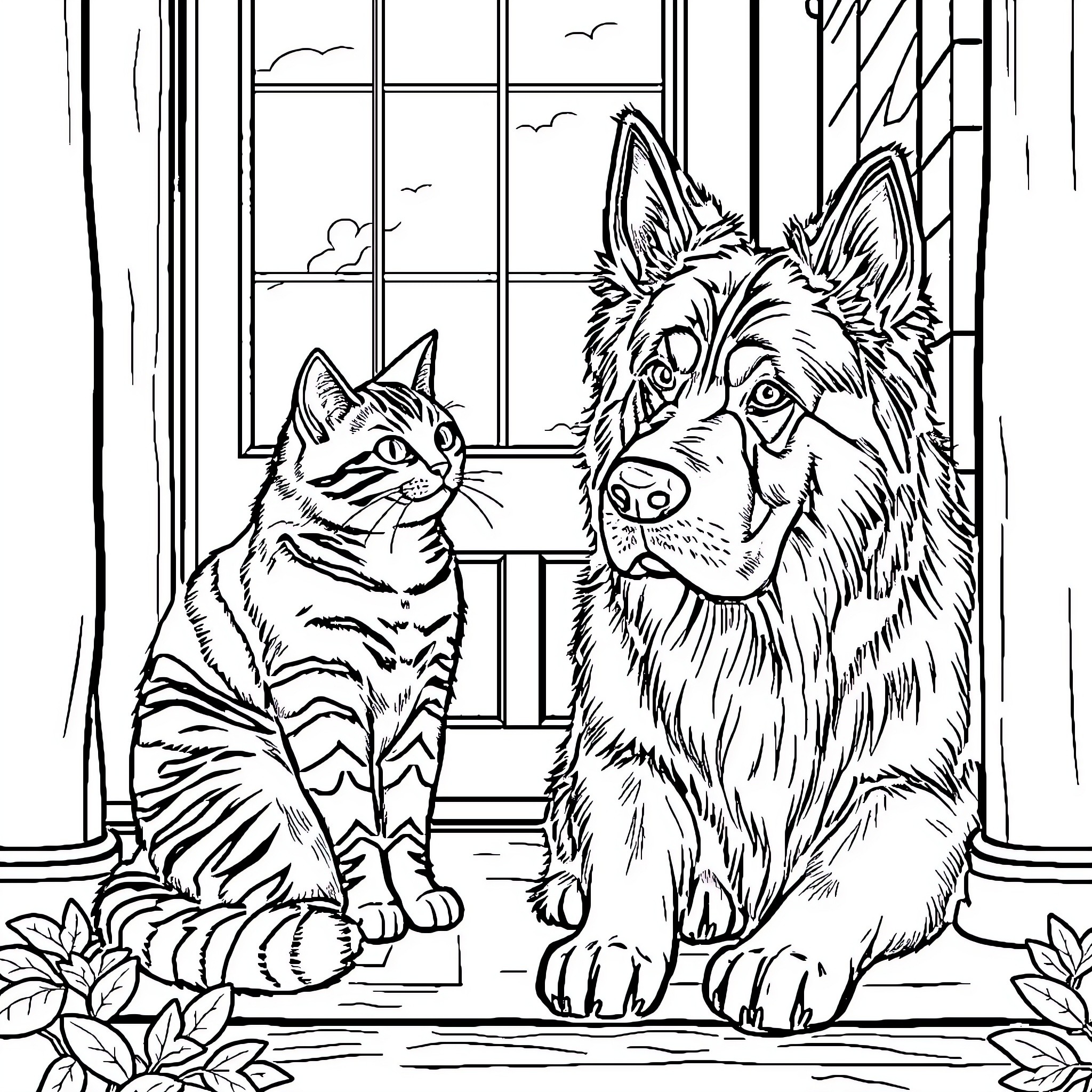 Cat and Dog Companions at Home Coloring Page (free black-and-white line drawing printable PDF for all, from beginners to advanced learners, including children, teens, adults, and seniors)
