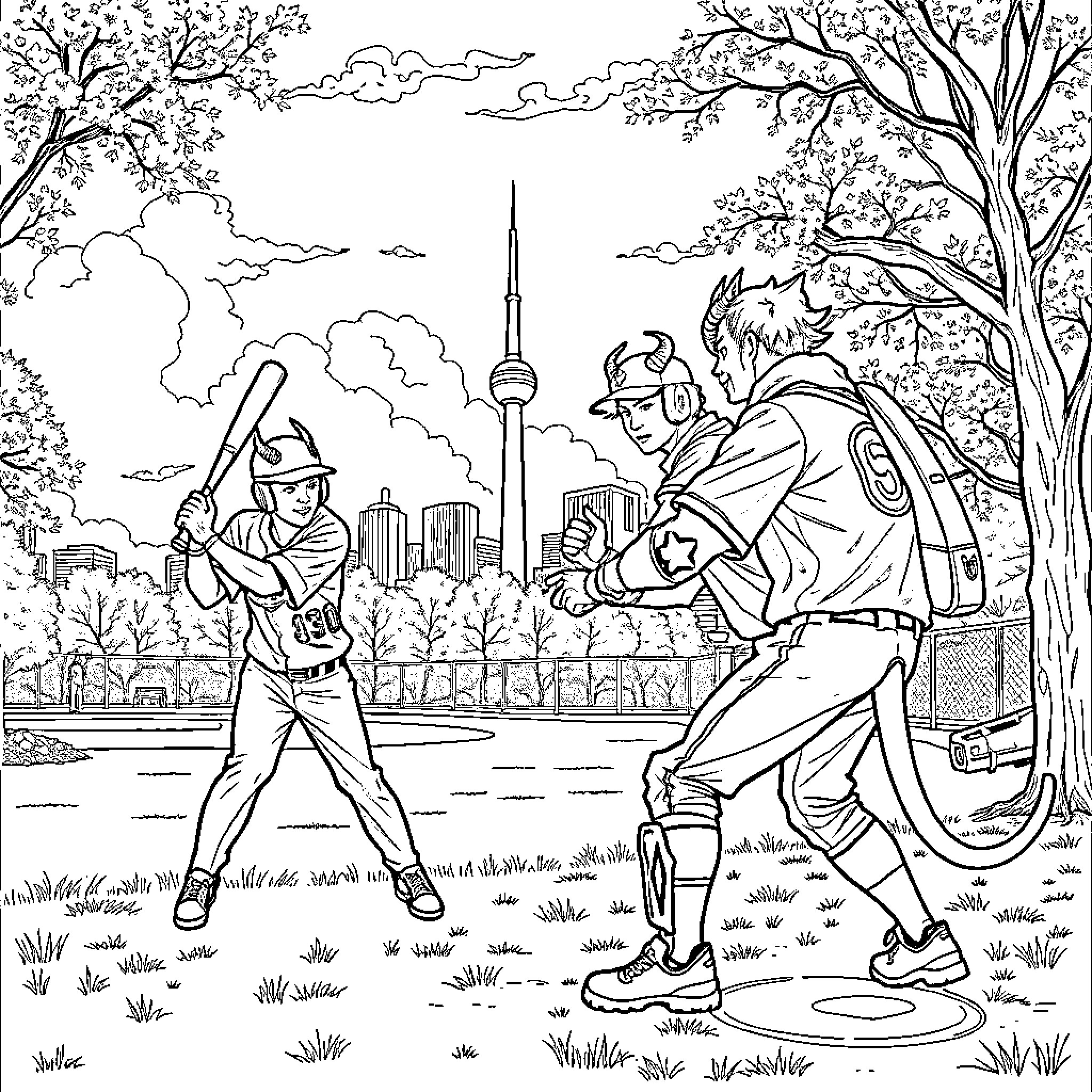 Kpop Demon Hunter: Heroes Battling in the City Park Coloring Page (free black-and-white line drawing printable PDF for all, from beginners to advanced learners, including children, teens, adults, and seniors)