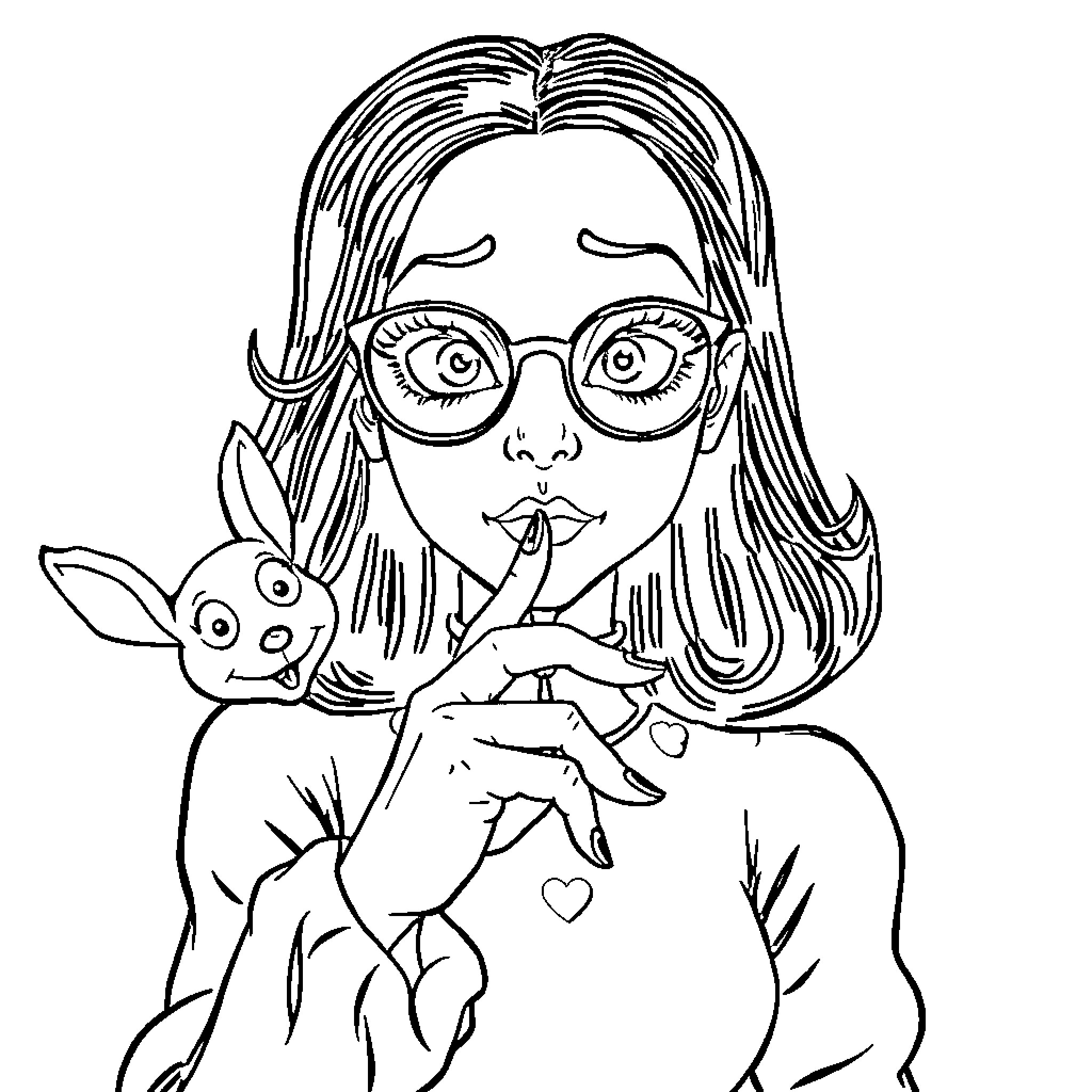 Wednesday with a curious pet rabbit Coloring Page (free black-and-white line drawing printable PDF for all, from beginners to advanced learners, including children, teens, adults, and seniors)