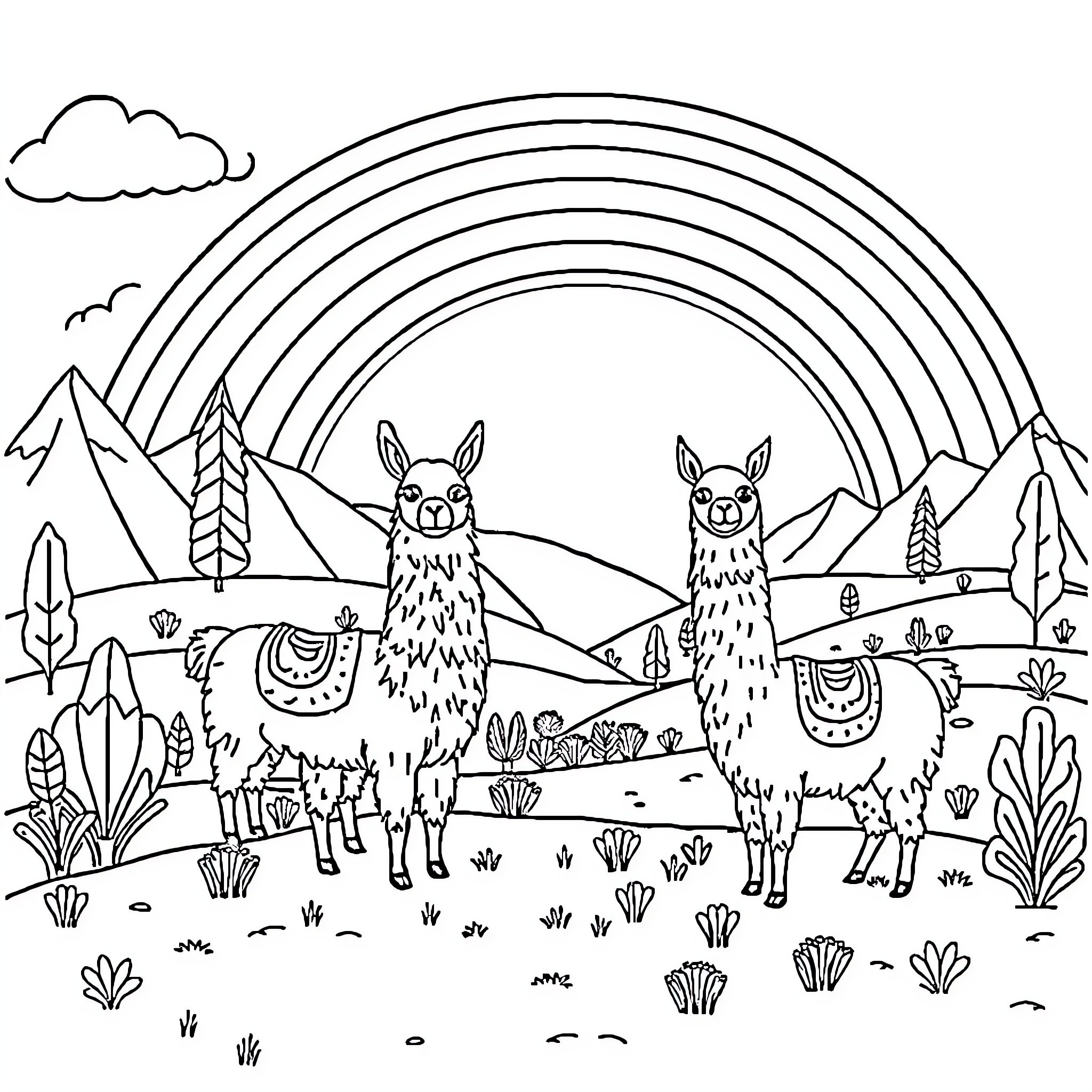 Llamas enjoying scenic mountain landscape Coloring Page (free black-and-white line drawing printable PDF for all, from beginners to advanced learners, including children, teens, adults, and seniors)