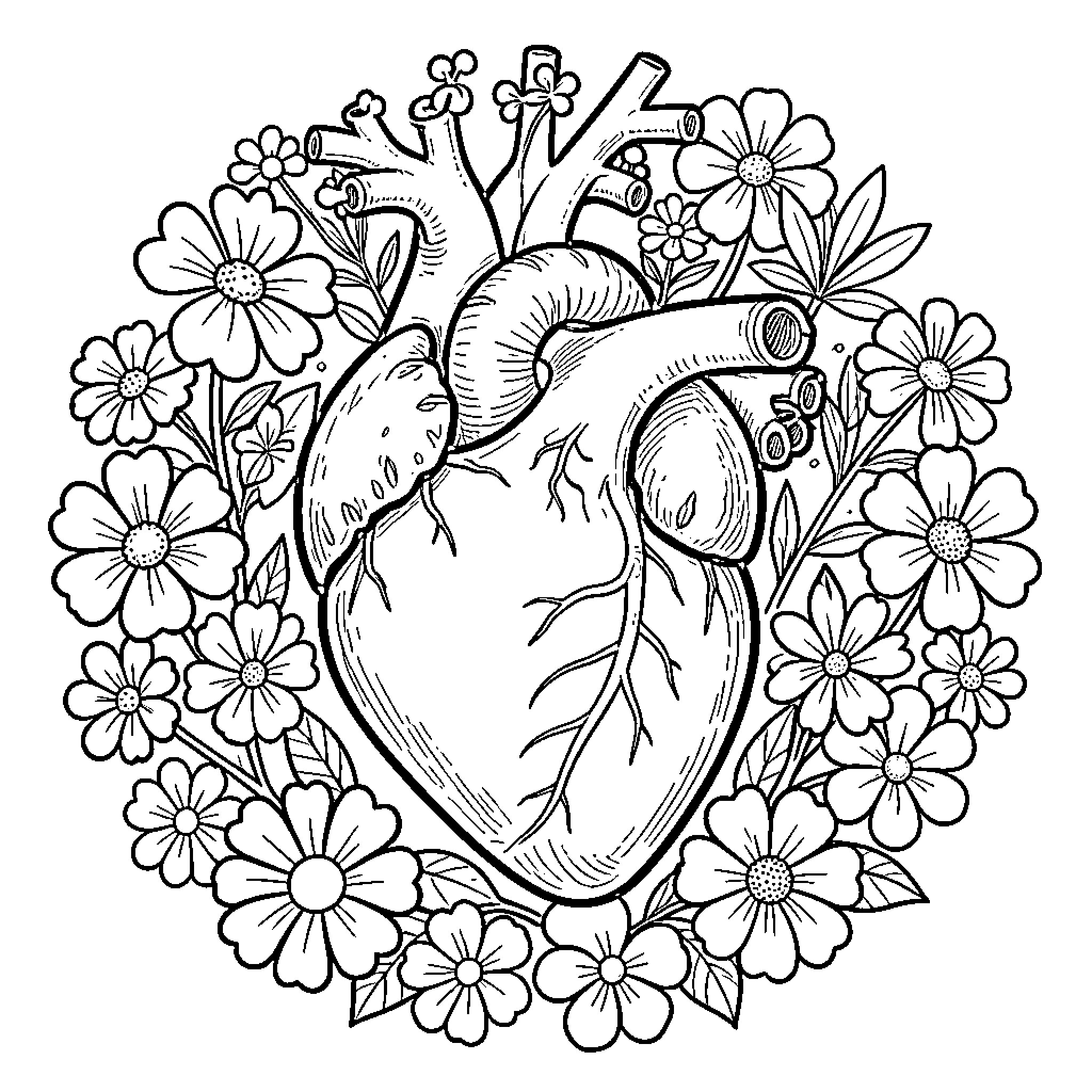 Heart Encircled by Vibrant Floral Motifs Coloring Page (free black-and-white line drawing printable PDF for all, from beginners to advanced learners, including children, teens, adults, and seniors)