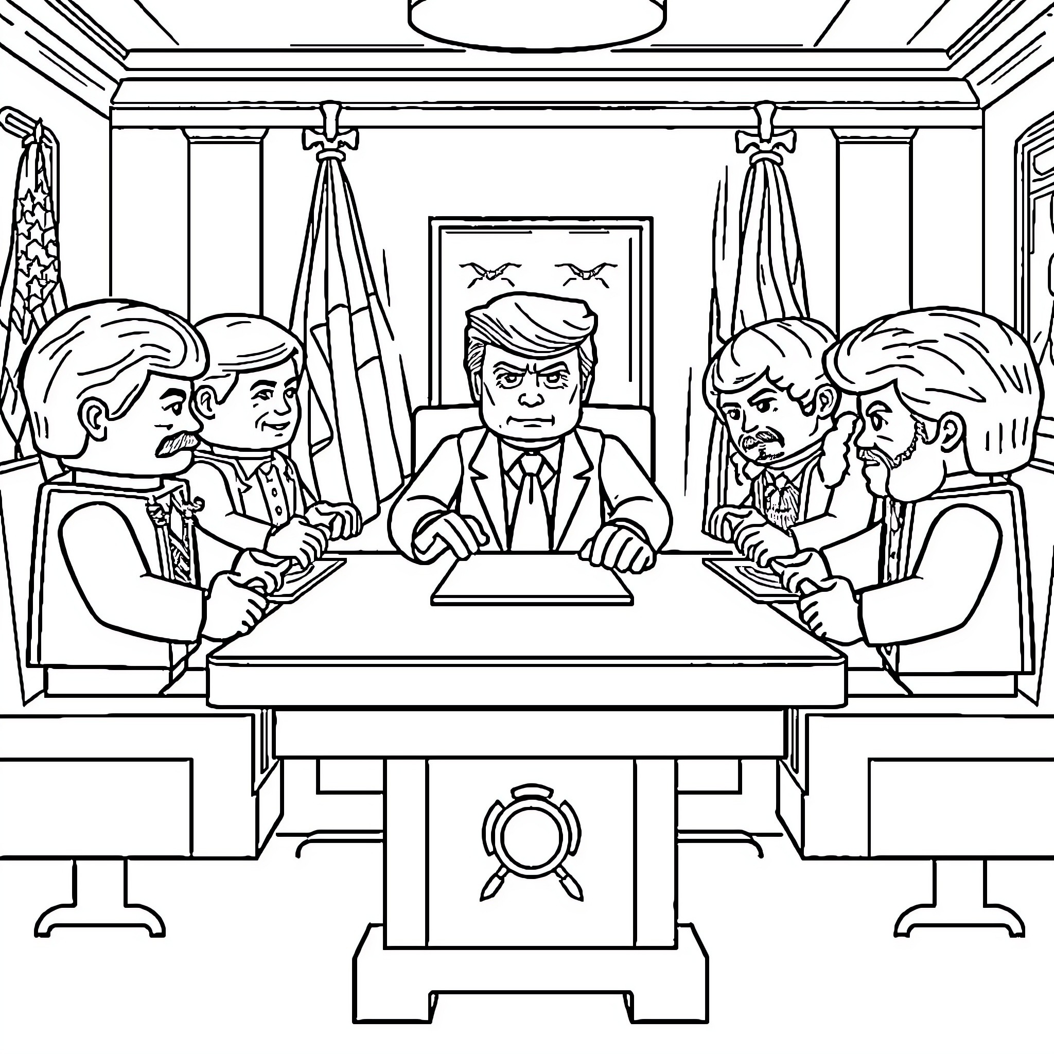 Donald Trump Leading a Political Meeting Coloring Page (free black-and-white line drawing printable PDF for all, from beginners to advanced learners, including children, teens, adults, and seniors)