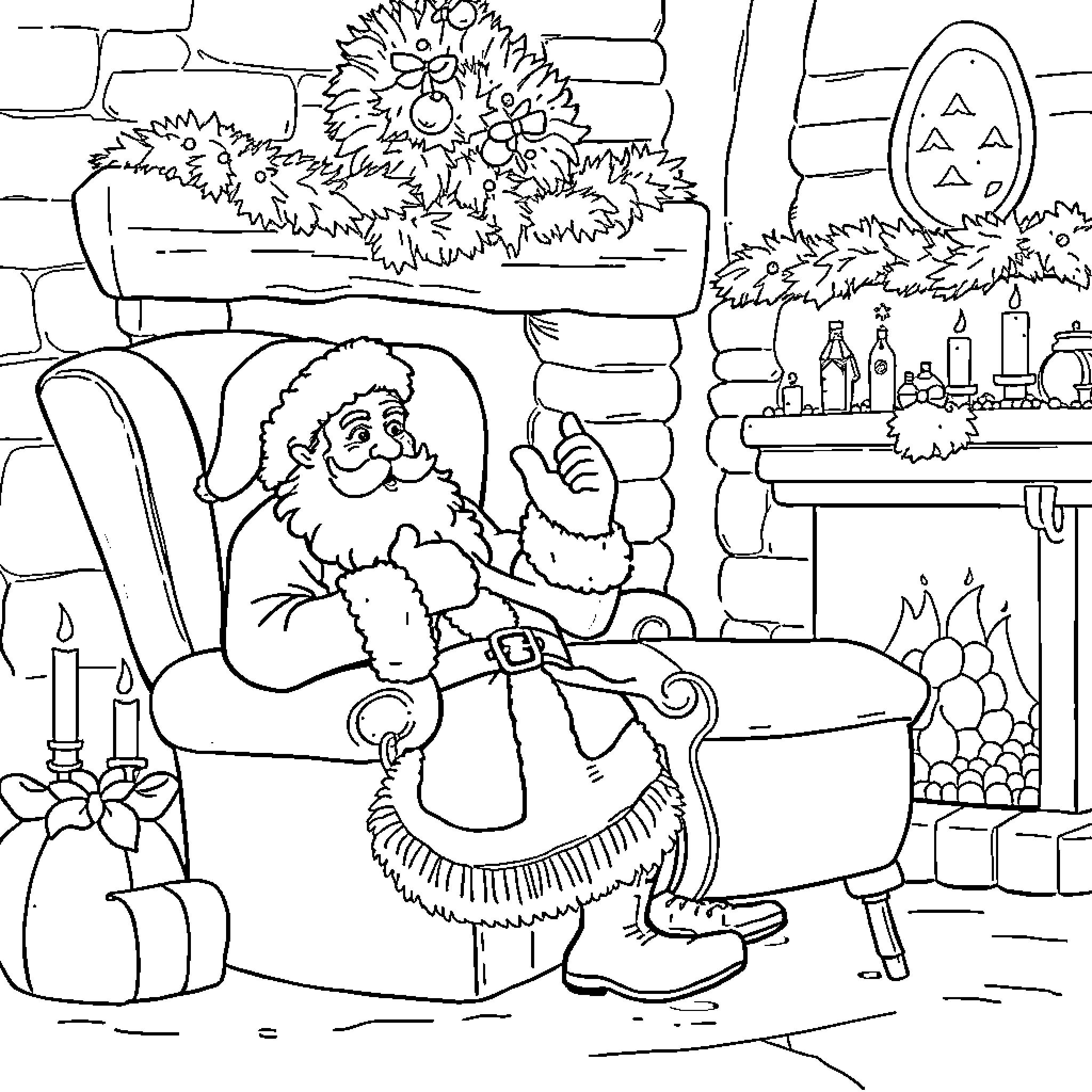 Père Noël relaxing by the fireplace Coloring Page (free black-and-white line drawing printable PDF for all, from beginners to advanced learners, including children, teens, adults, and seniors)
