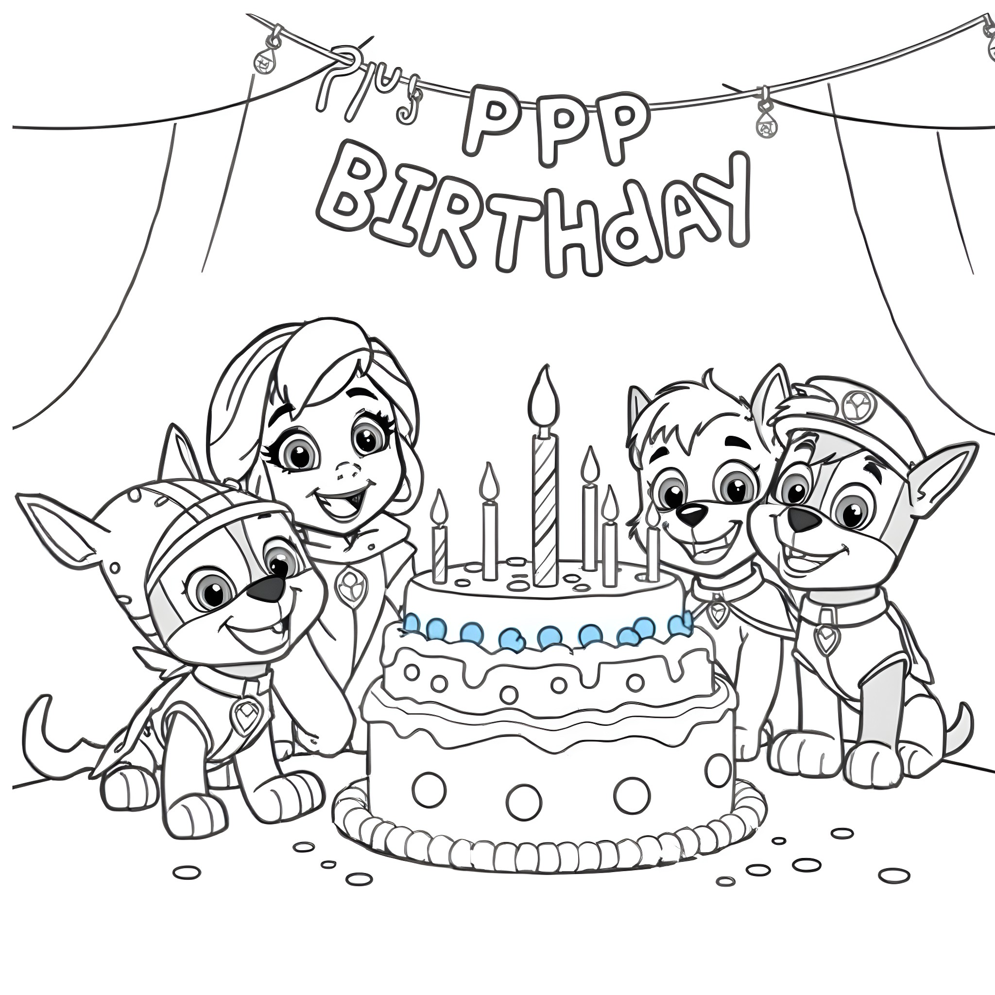 Anna's Paw Patrol birthday celebration Coloring Page (free black-and-white line drawing printable PDF for all, from beginners to advanced learners, including children, teens, adults, and seniors)