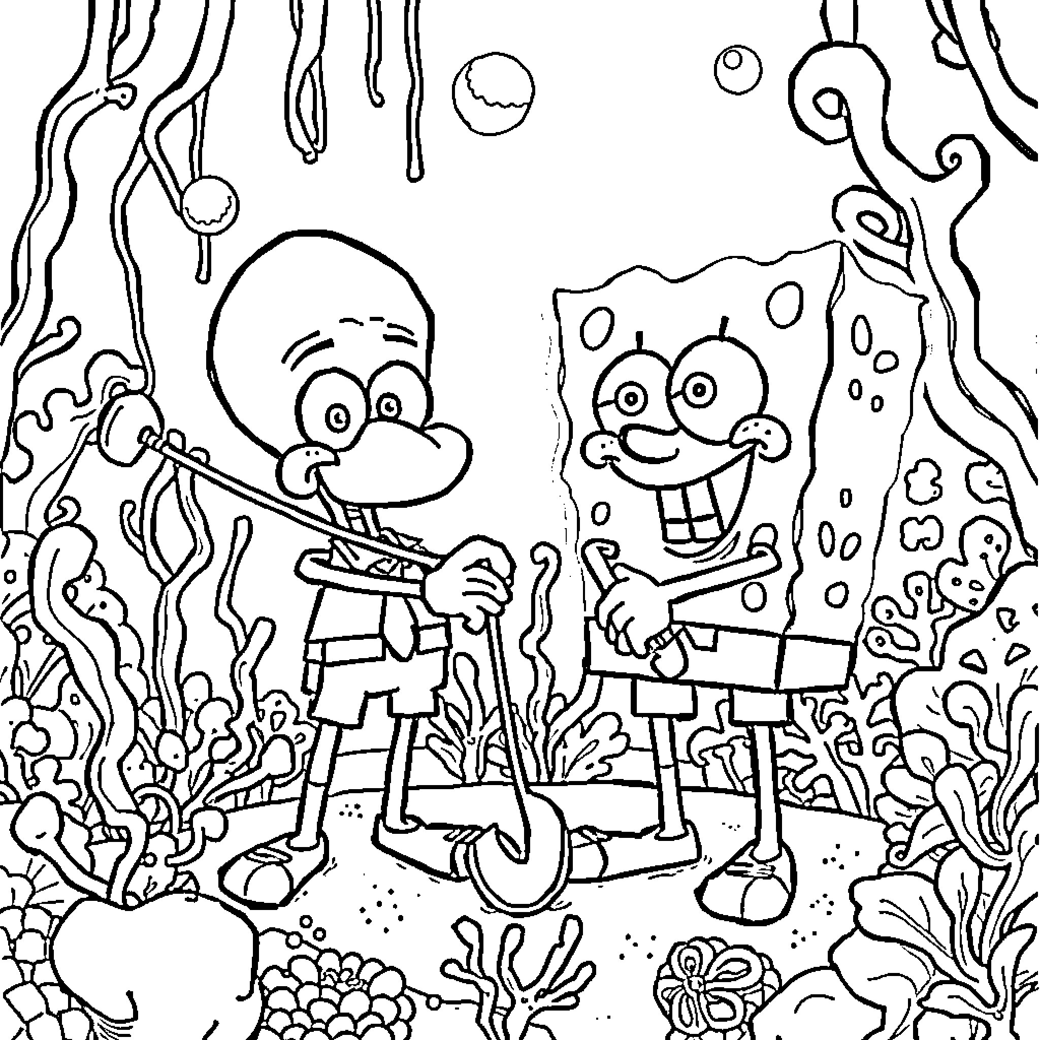 Squid characters exploring underwater ocean scene Coloring Page (free black-and-white line drawing printable PDF for all, from beginners to advanced learners, including children, teens, adults, and seniors)