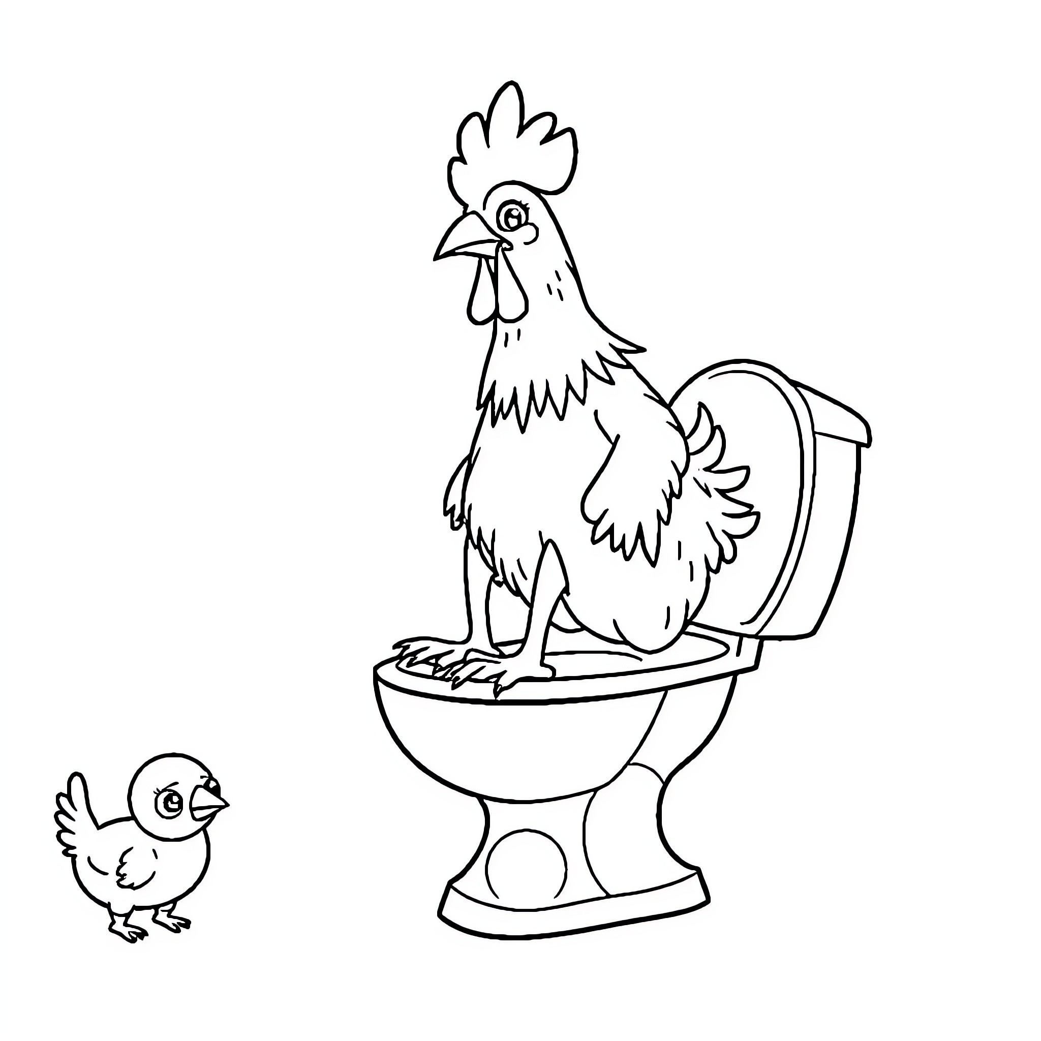 Chicken perched on a toilet and chick nearby Coloring Page (free black-and-white line drawing printable PDF for all, from beginners to advanced learners, including children, teens, adults, and seniors)