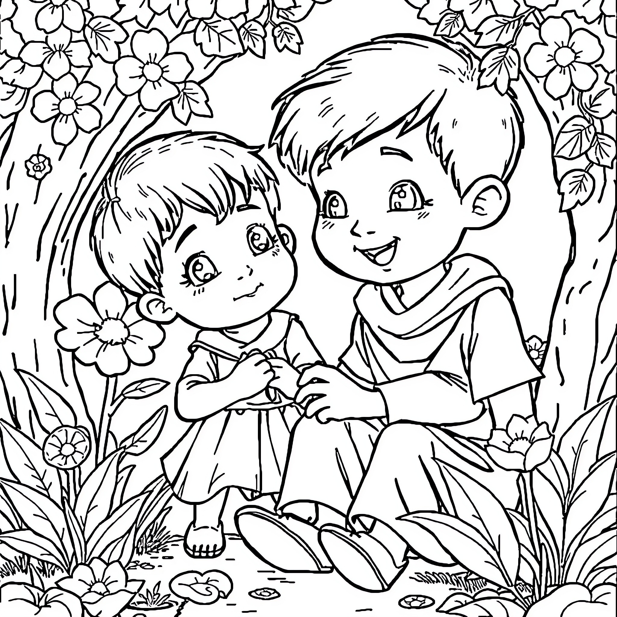 Children's Stories: Friends Sharing a Moment in Nature Coloring Page (free black-and-white line drawing printable PDF for all, from beginners to advanced learners, including children, teens, adults, and seniors)