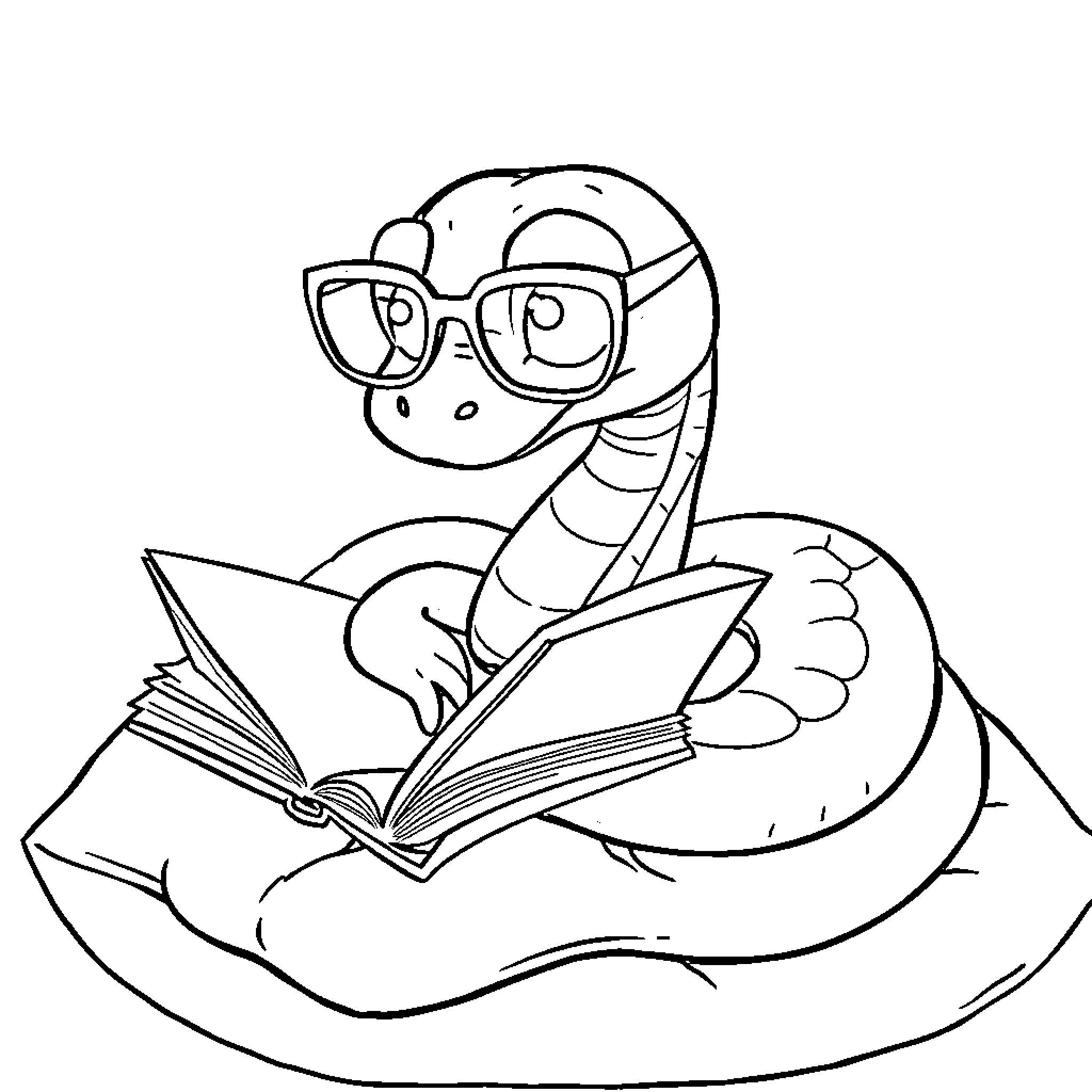 Snake reading a book while wearing glasses Coloring Page (free black-and-white line drawing printable PDF for all, from beginners to advanced learners, including children, teens, adults, and seniors)