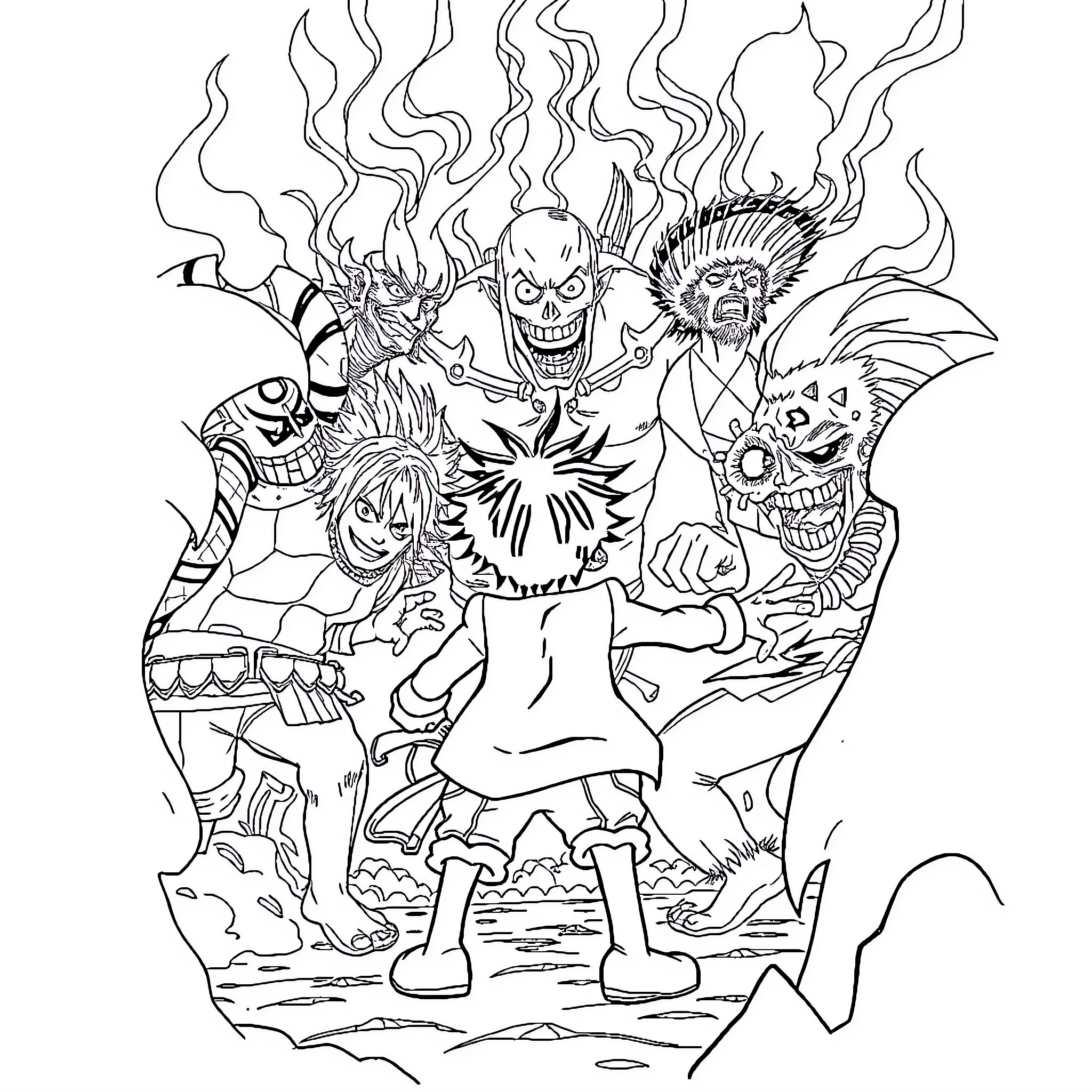 Luffy Battles Fierce Foes in Dramatic Showdown Coloring Page (free black-and-white line drawing printable PDF for all, from beginners to advanced learners, including children, teens, adults, and seniors)