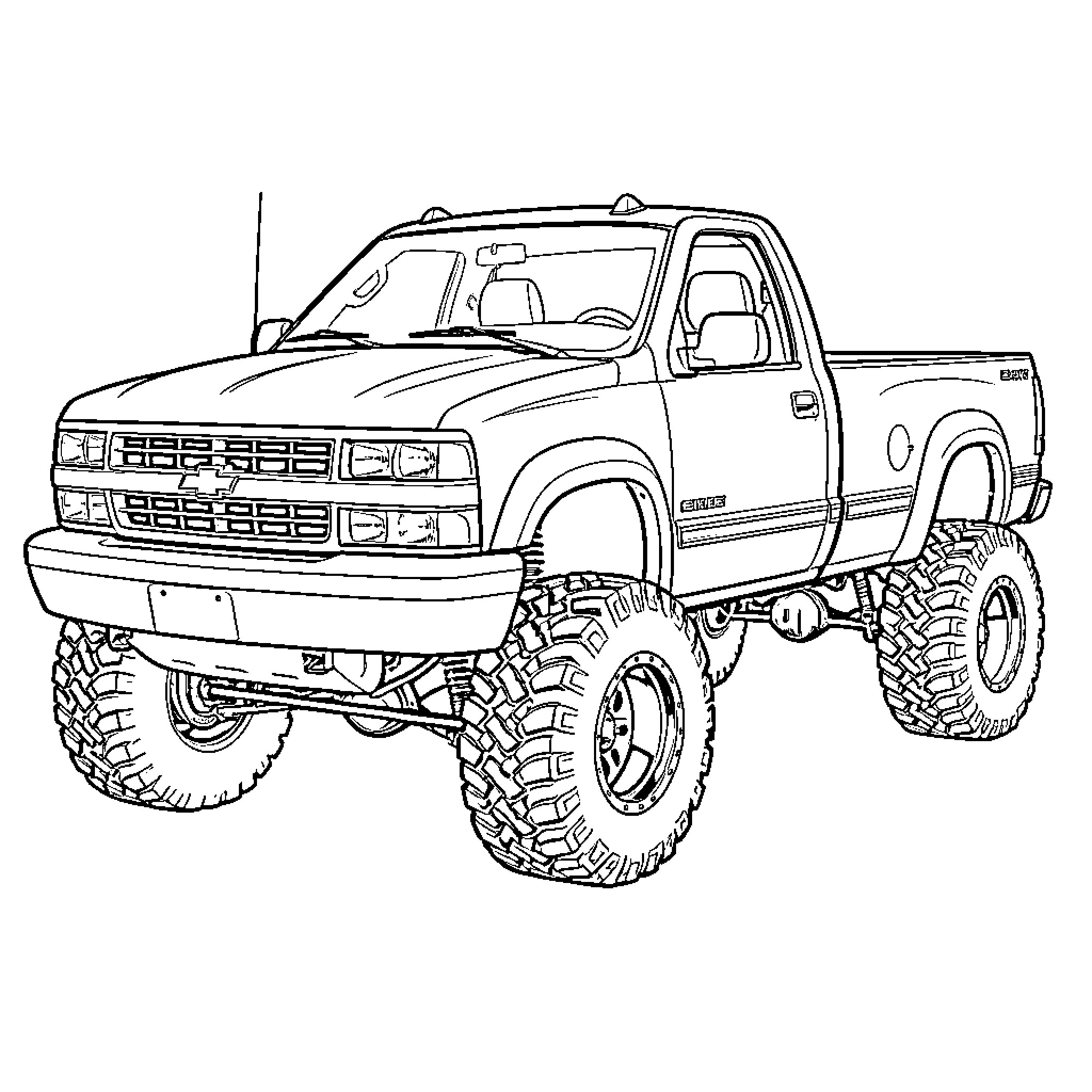 Chevy Truck with Rugged Off-Road Modifications Coloring Page (free black-and-white line drawing printable PDF for all, from beginners to advanced learners, including children, teens, adults, and seniors)