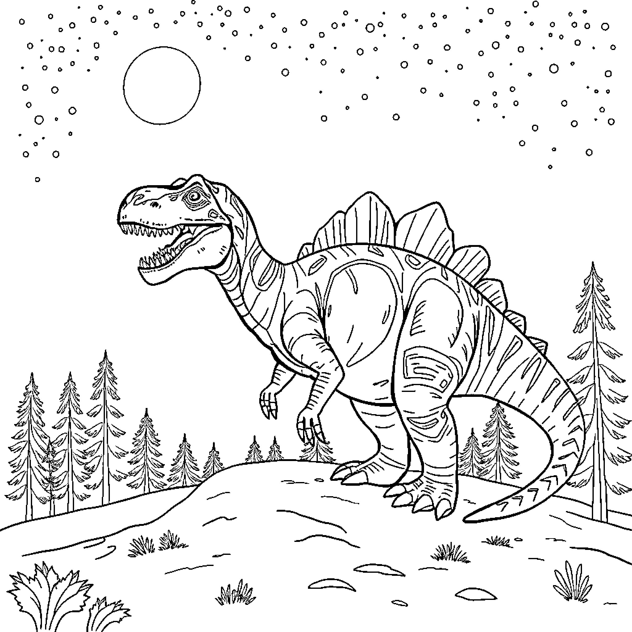 Dinosaur roaring in a snowy forest Coloring Page (free black-and-white line drawing printable PDF for all, from beginners to advanced learners, including children, teens, adults, and seniors)