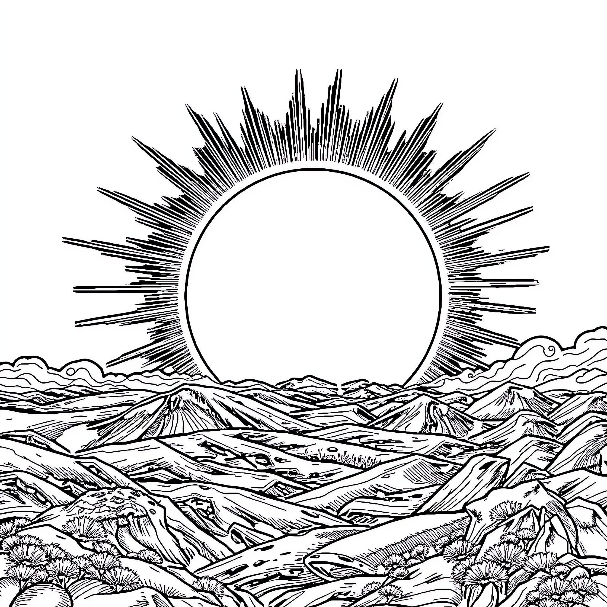 Solar Eclipse over Dramatic Mountainous Landscape Coloring Page (free black-and-white line drawing printable PDF for all, from beginners to advanced learners, including children, teens, adults, and seniors)