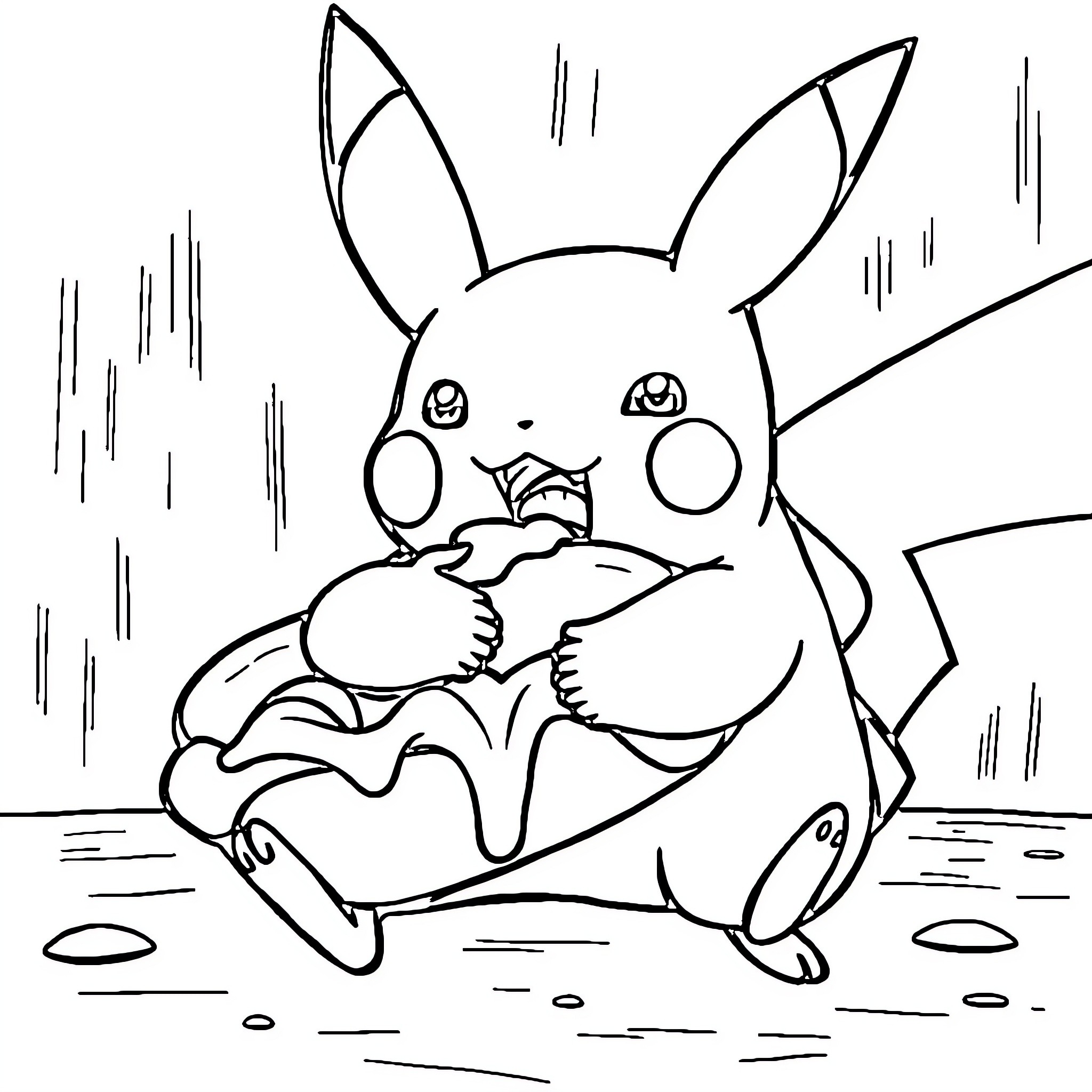 Pikachu cuddling a cute creature in the rain Coloring Page (free black-and-white line drawing printable PDF for all, from beginners to advanced learners, including children, teens, adults, and seniors)