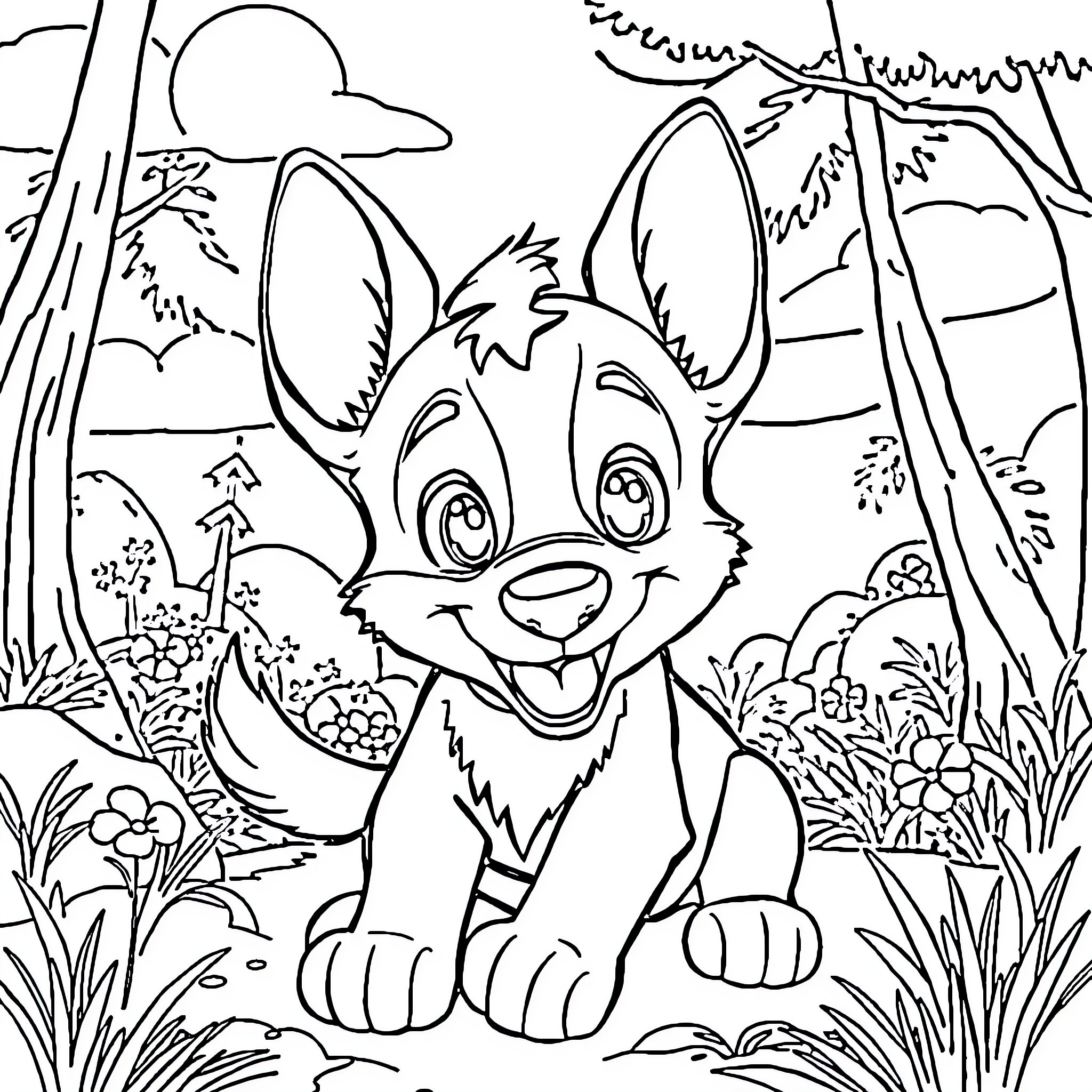Bluey enjoying the outdoors in the forest Coloring Page (free black-and-white line drawing printable PDF for all, from beginners to advanced learners, including children, teens, adults, and seniors)