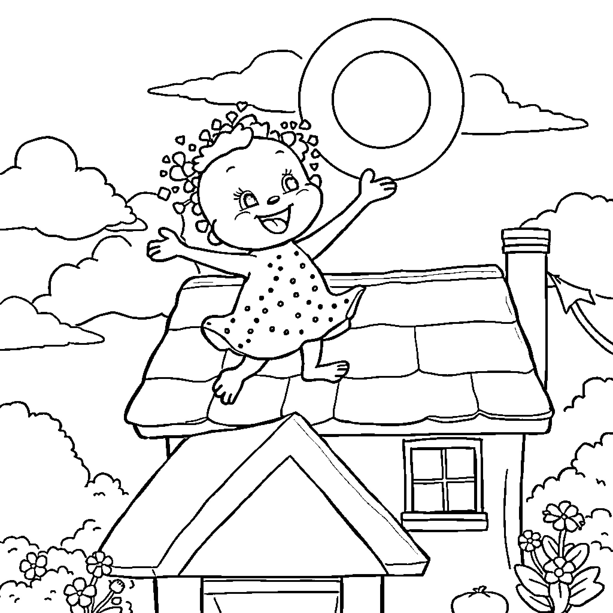 Labubu playing happily on the rooftop Coloring Page (free black-and-white line drawing printable PDF for all, from beginners to advanced learners, including children, teens, adults, and seniors)