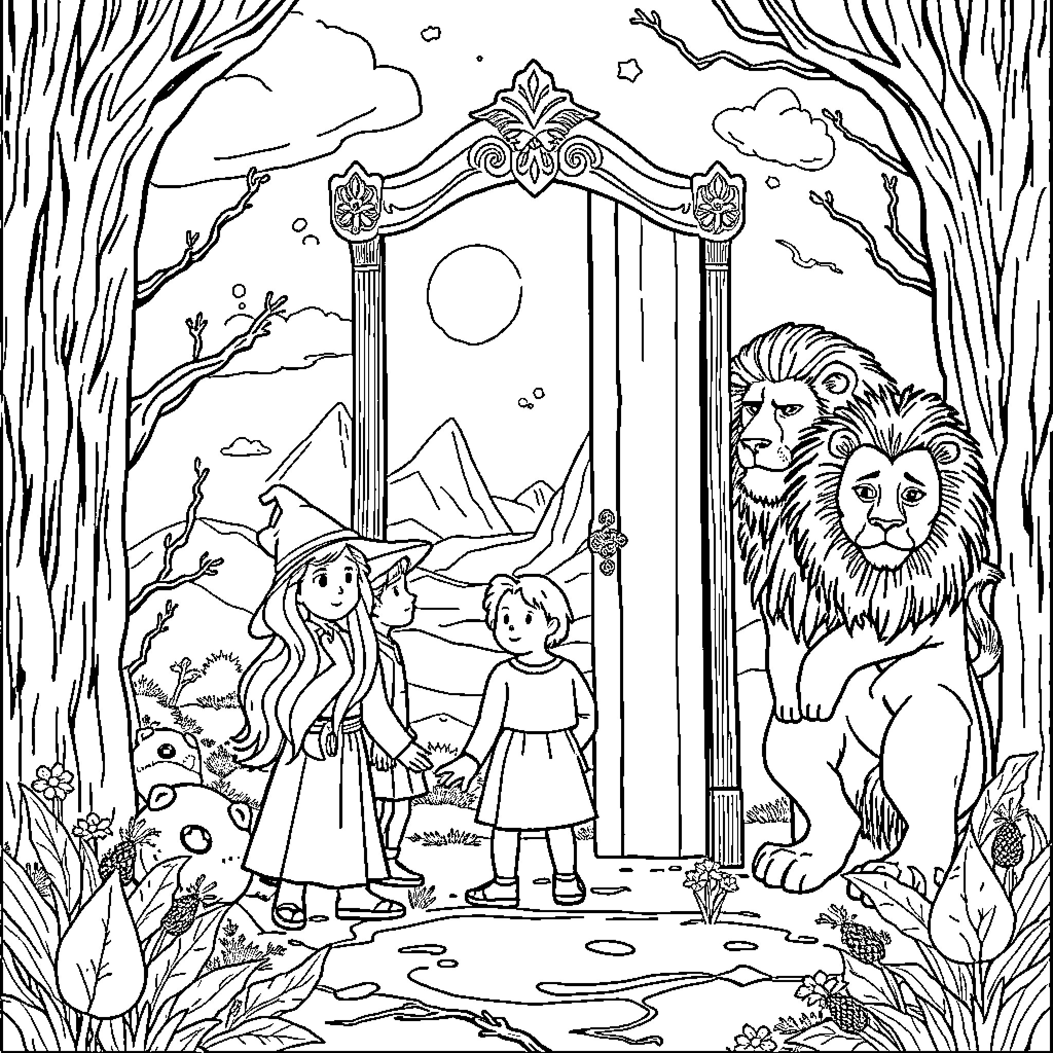 Lion and children exploring enchanted forest Coloring Page (free black-and-white line drawing printable PDF for all, from beginners to advanced learners, including children, teens, adults, and seniors)