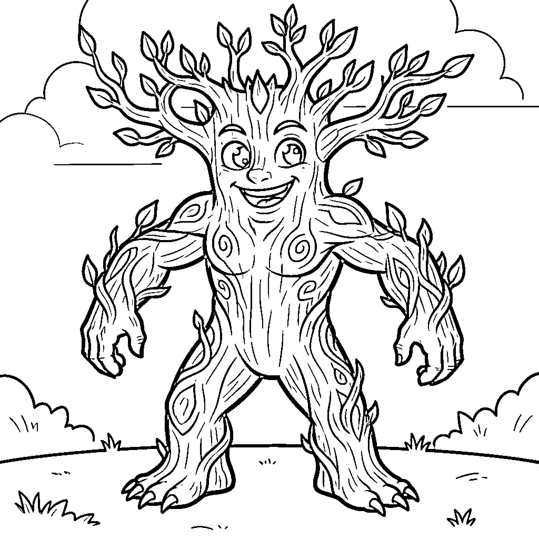 Tree Monster Smiling and Waving Happily in the Forest Coloring Page (free black-and-white line drawing printable PDF for all, from beginners to advanced learners, including children, teens, adults, and seniors)